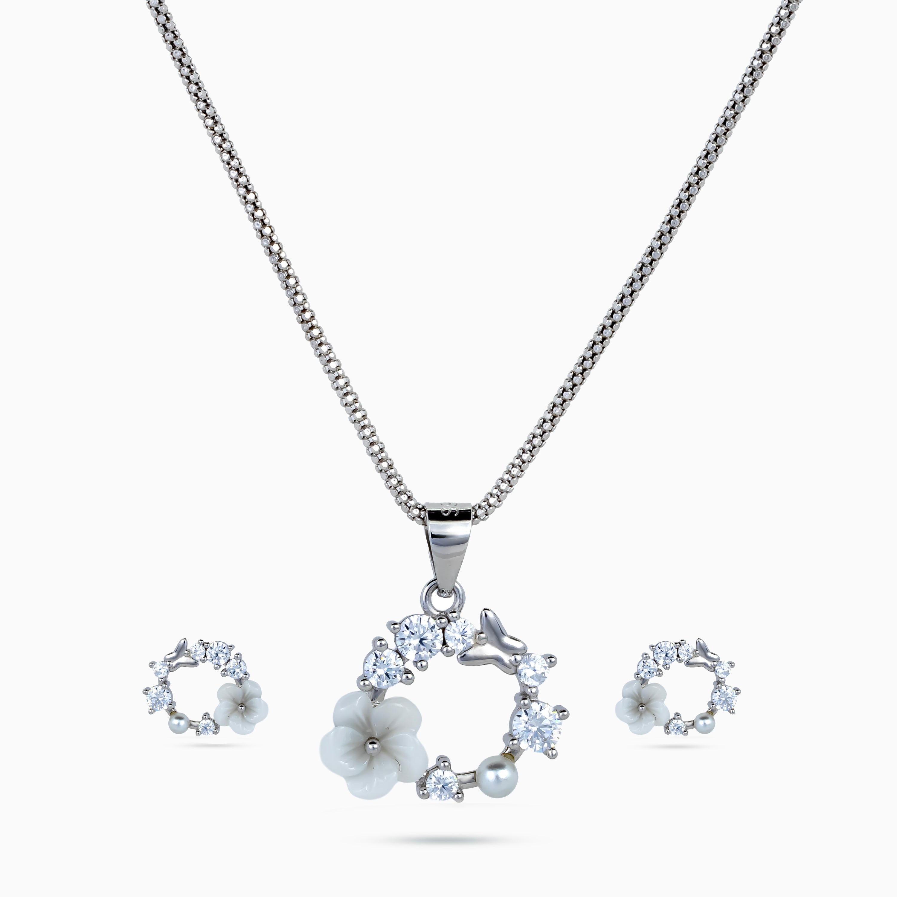 925 sterling silver, rhodium, Dove Garden Wreath Pendant Set pendant set, (Papillon)