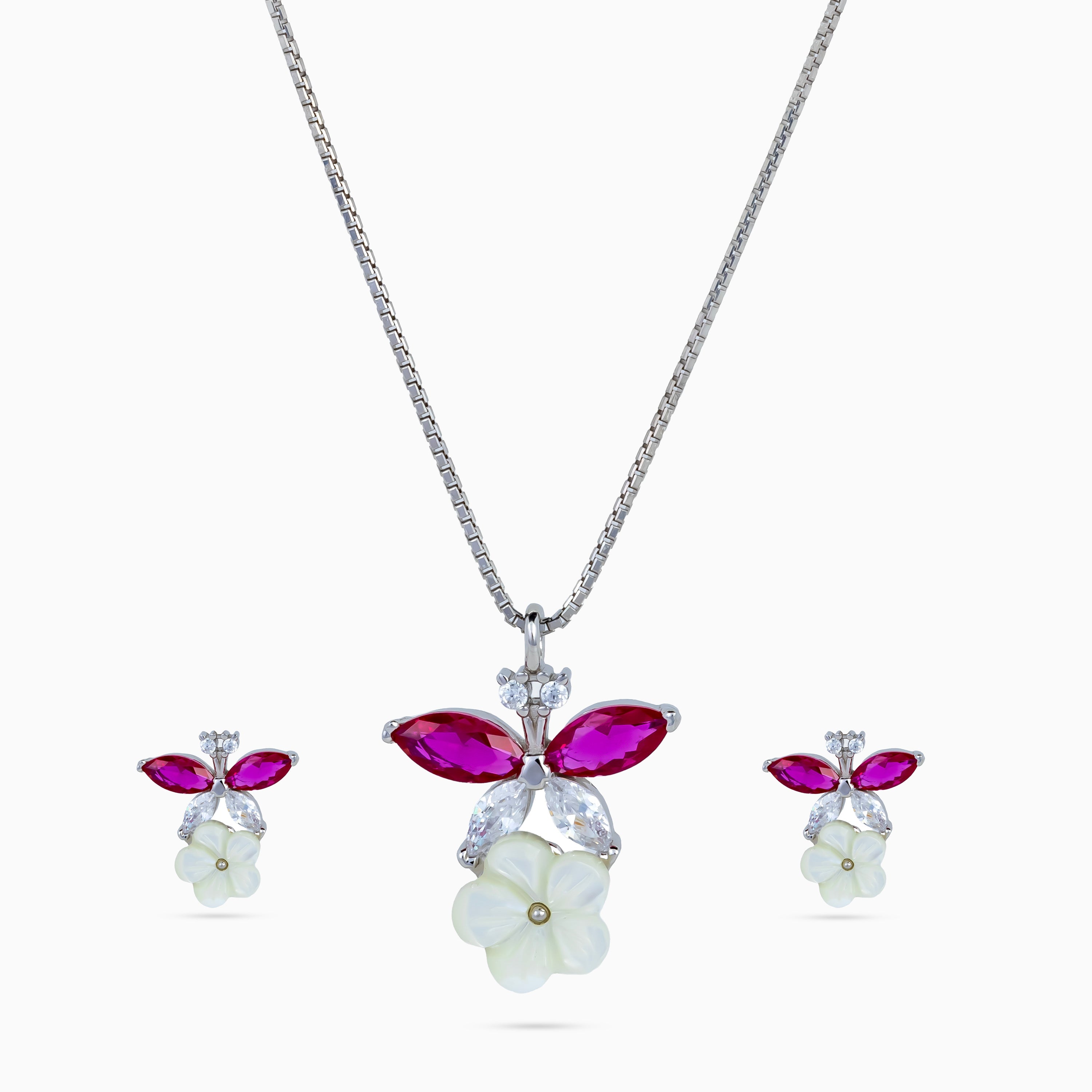 925 sterling silver, rhodium, Fuchsia Wing Blossom Pendant Set pendant set, (Secret Garden)