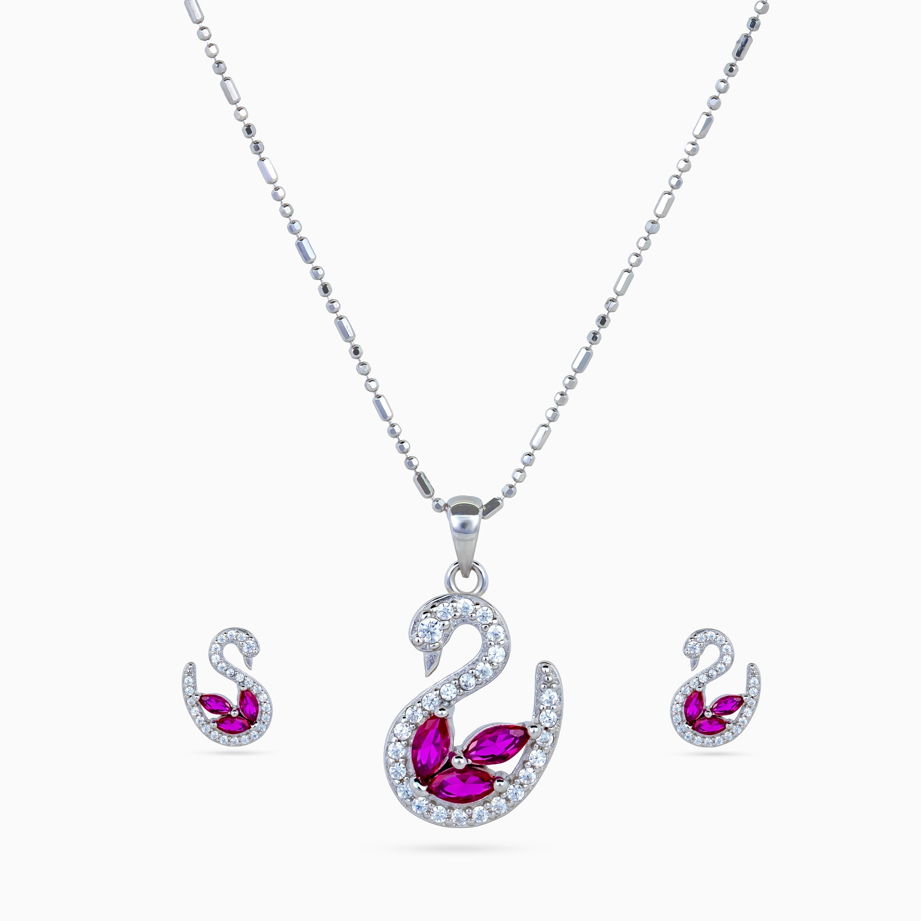 925 sterling silver, rhodium, Ruby Wing Swan Pendant Set pendant set, (Swan Reverie)