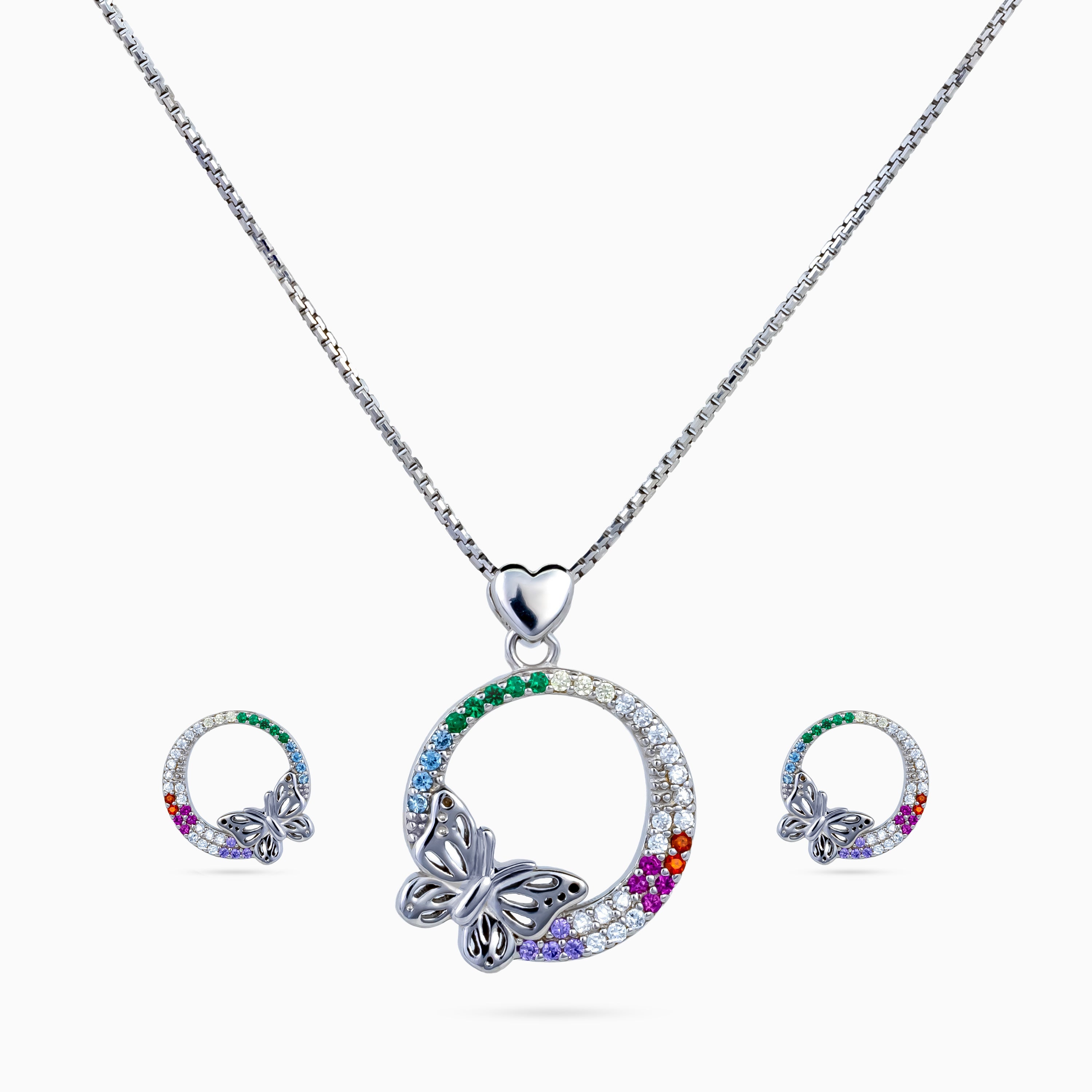 925 sterling silver, rhodium, Rainbow Papillon Circle Pendant Set pendant set, (Papillon)