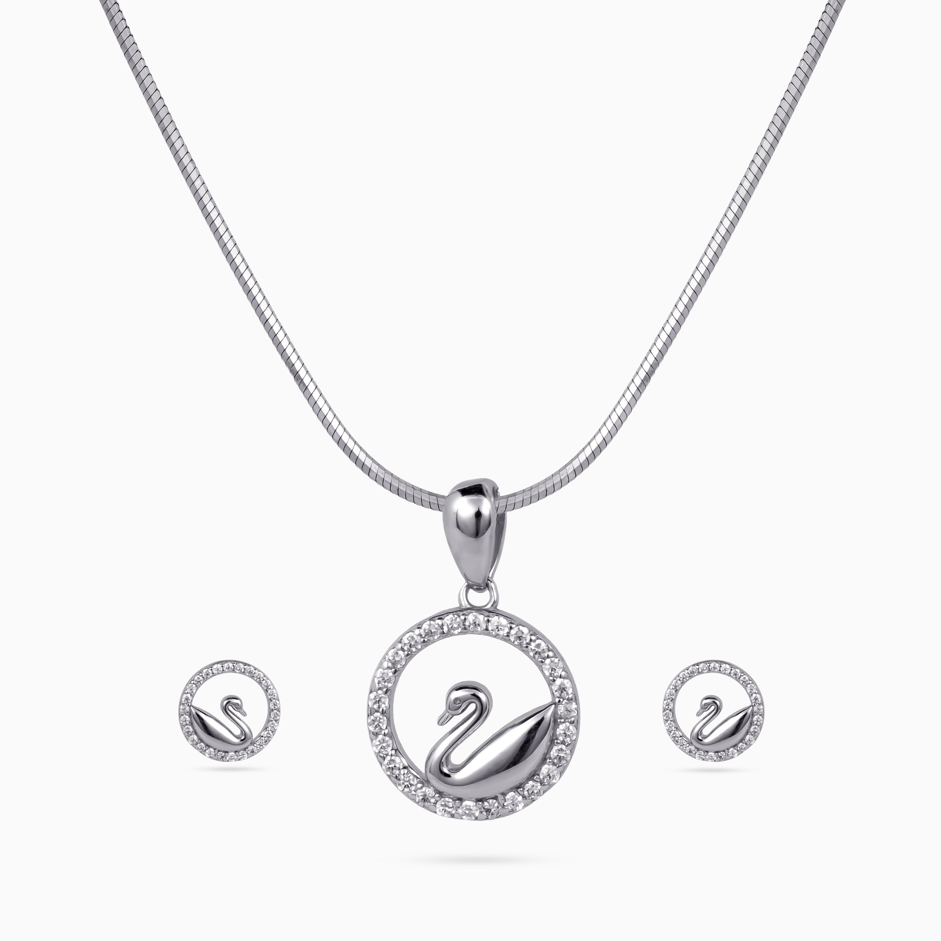 925 sterling silver, rhodium, Swan Halo Pendant Set pendant set, (Swan Reverie)