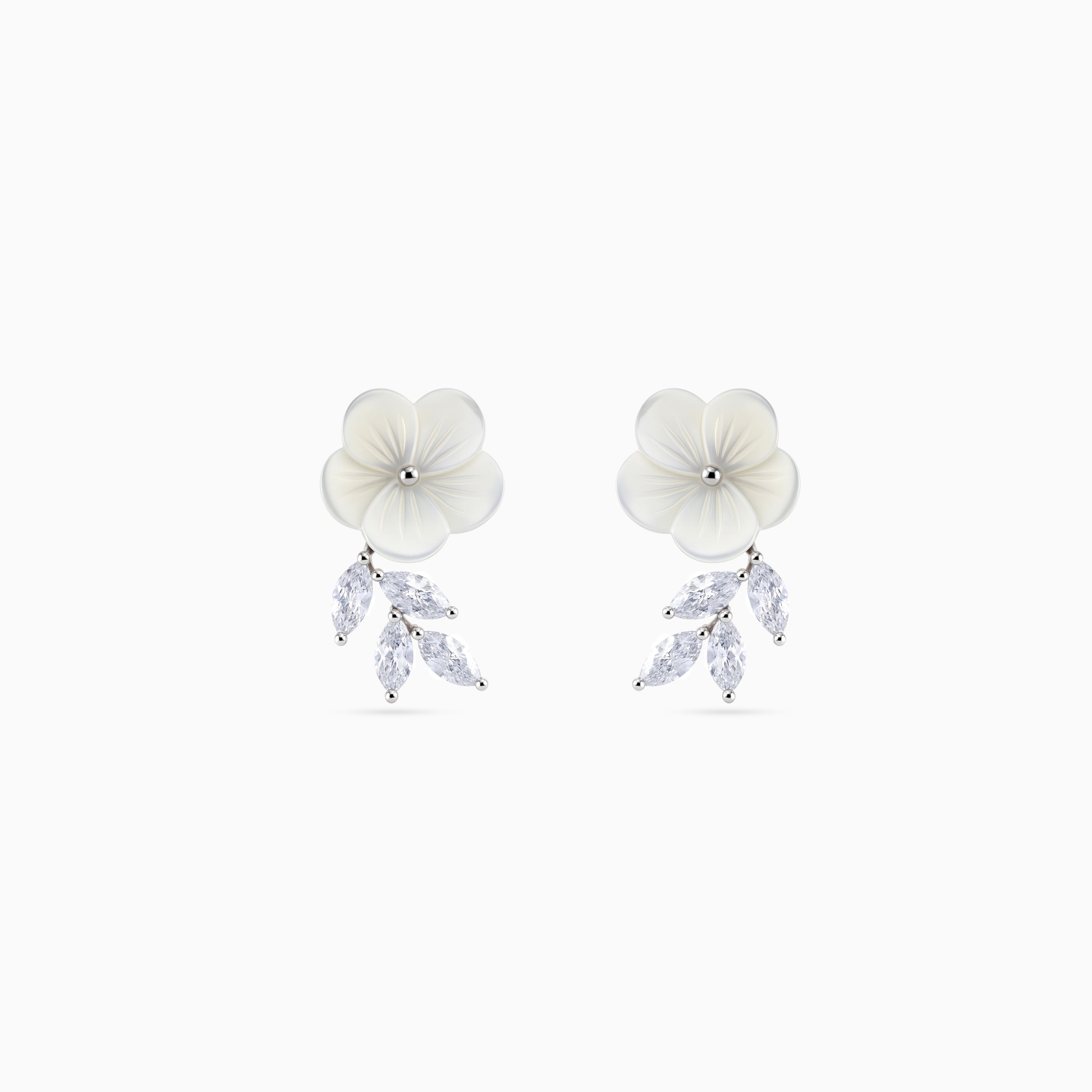 925 silver ivory flower leaf drop earrings, rhodium, marquise CZ, 2 × 1 cm