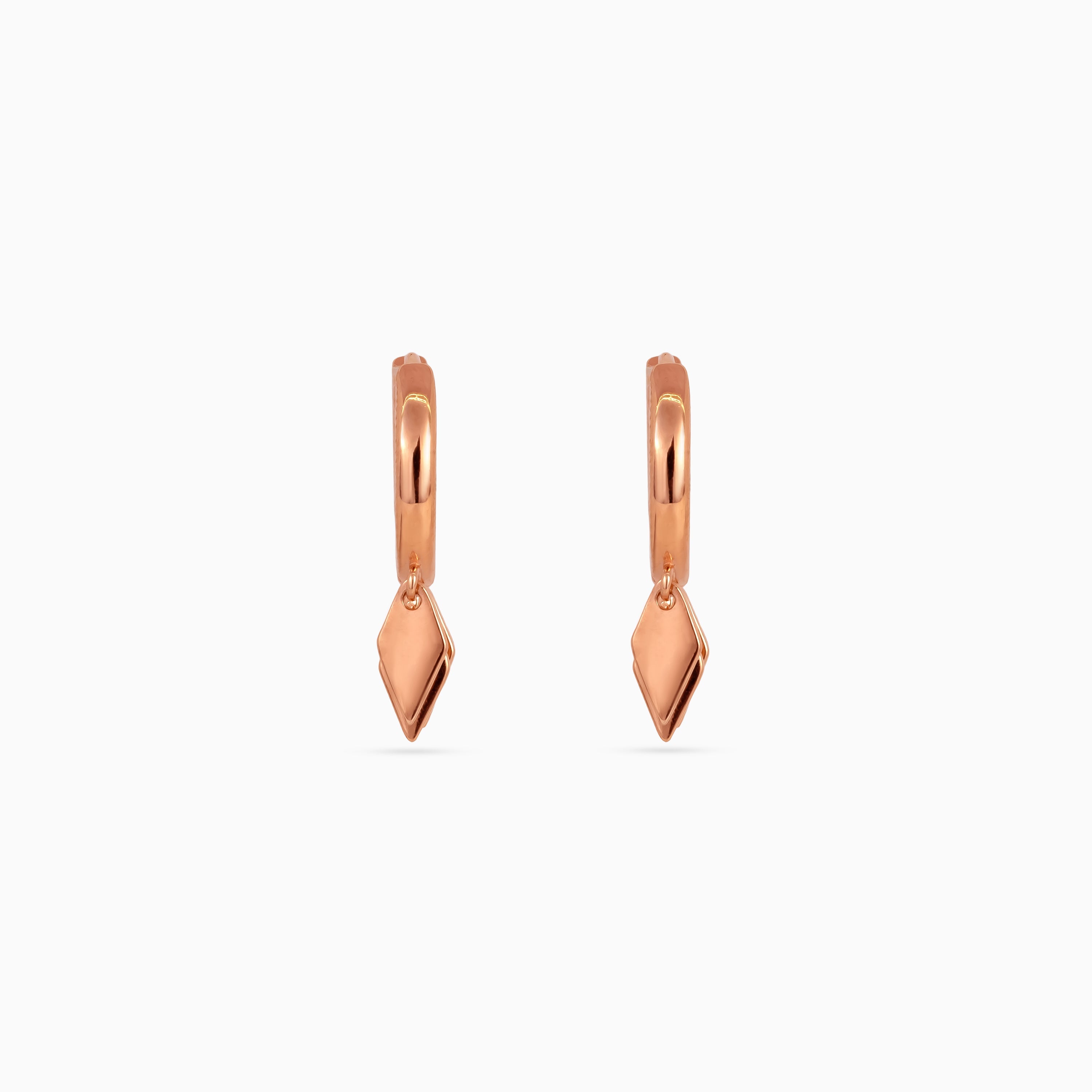 925 rose gold huggie hoop earrings with kite charms, 2 × 1.5 cm. Golden Hoops.