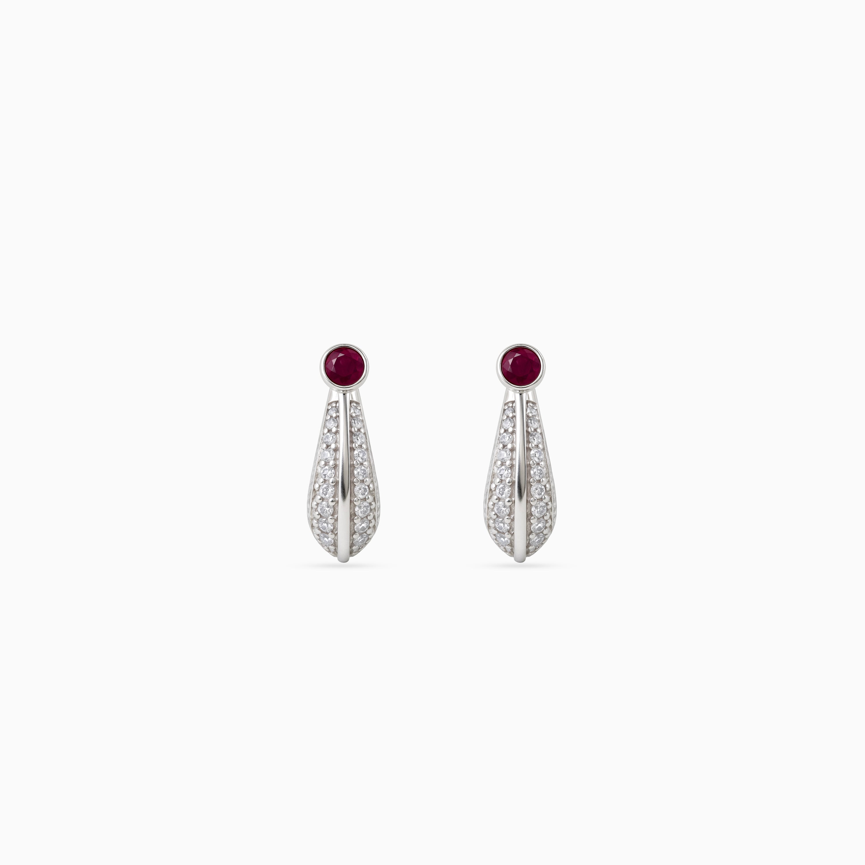 925 silver ruby teardrop pavé huggies, cabochon top, 1.2 × 1.5 cm