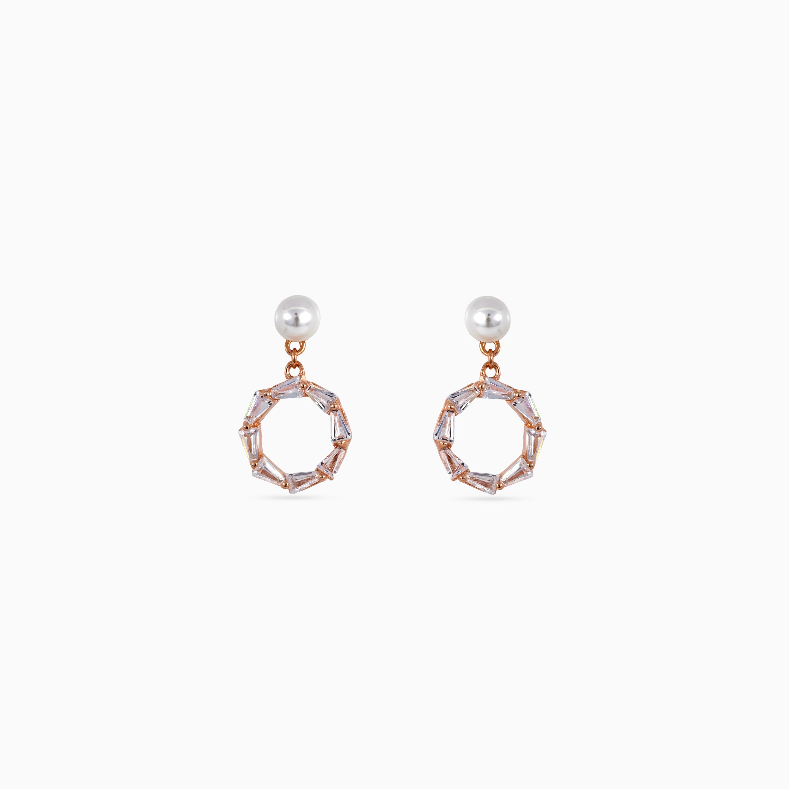 925 rose gold pearl octagon drop studs, baguette CZ, 1.5 × 1 cm