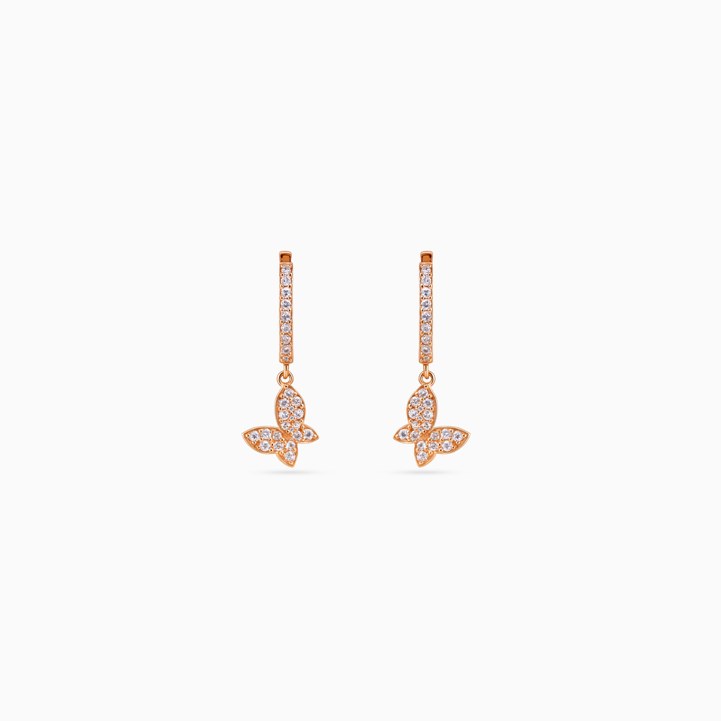 925 rose gold butterfly huggie drop earrings, pavé CZ, 2.5 × 1.5 cm