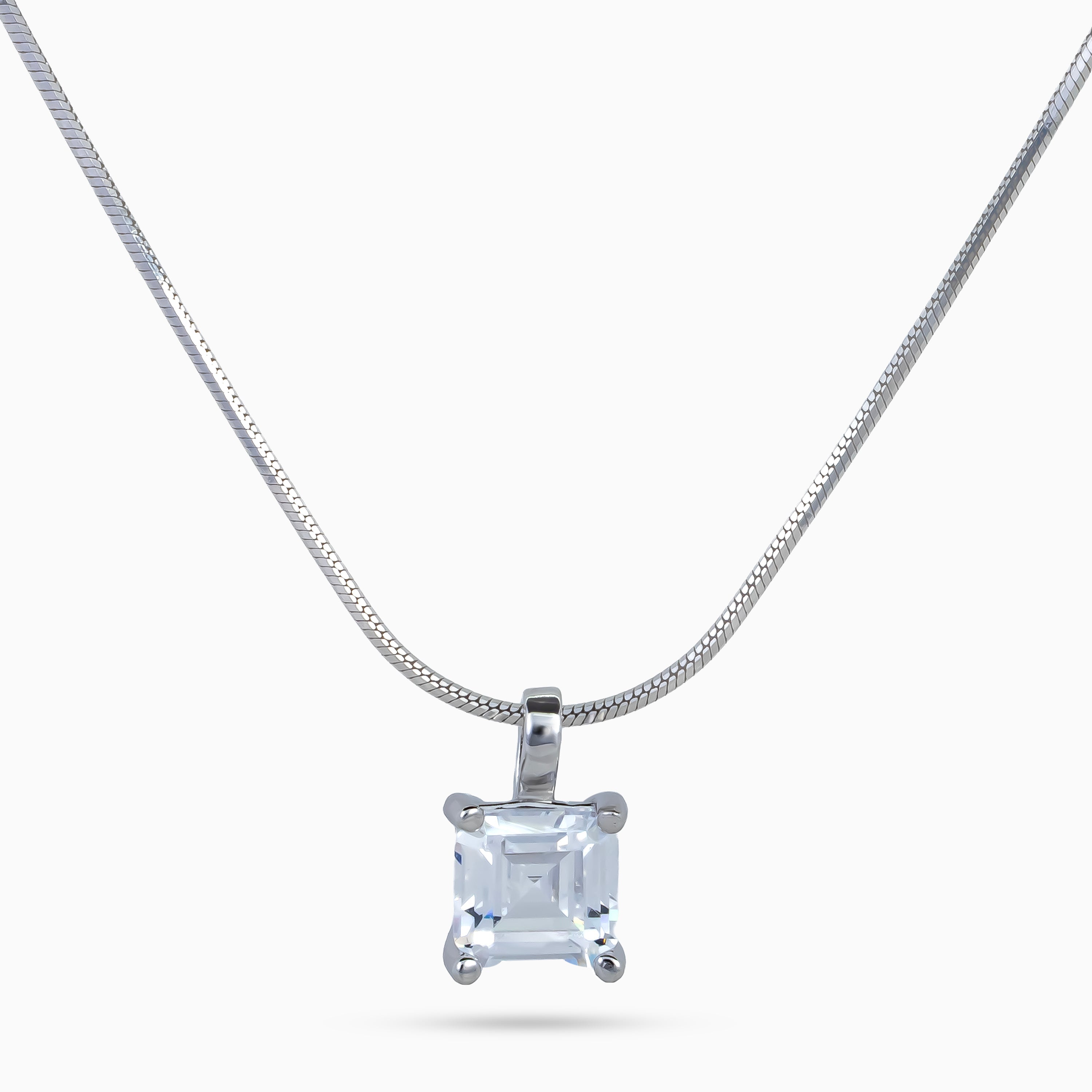 925 sterling silver, rhodium, Silver Asscher Prism Necklace, (Prism Solitaire), 0.75x0.4 cm, 45 cm chain