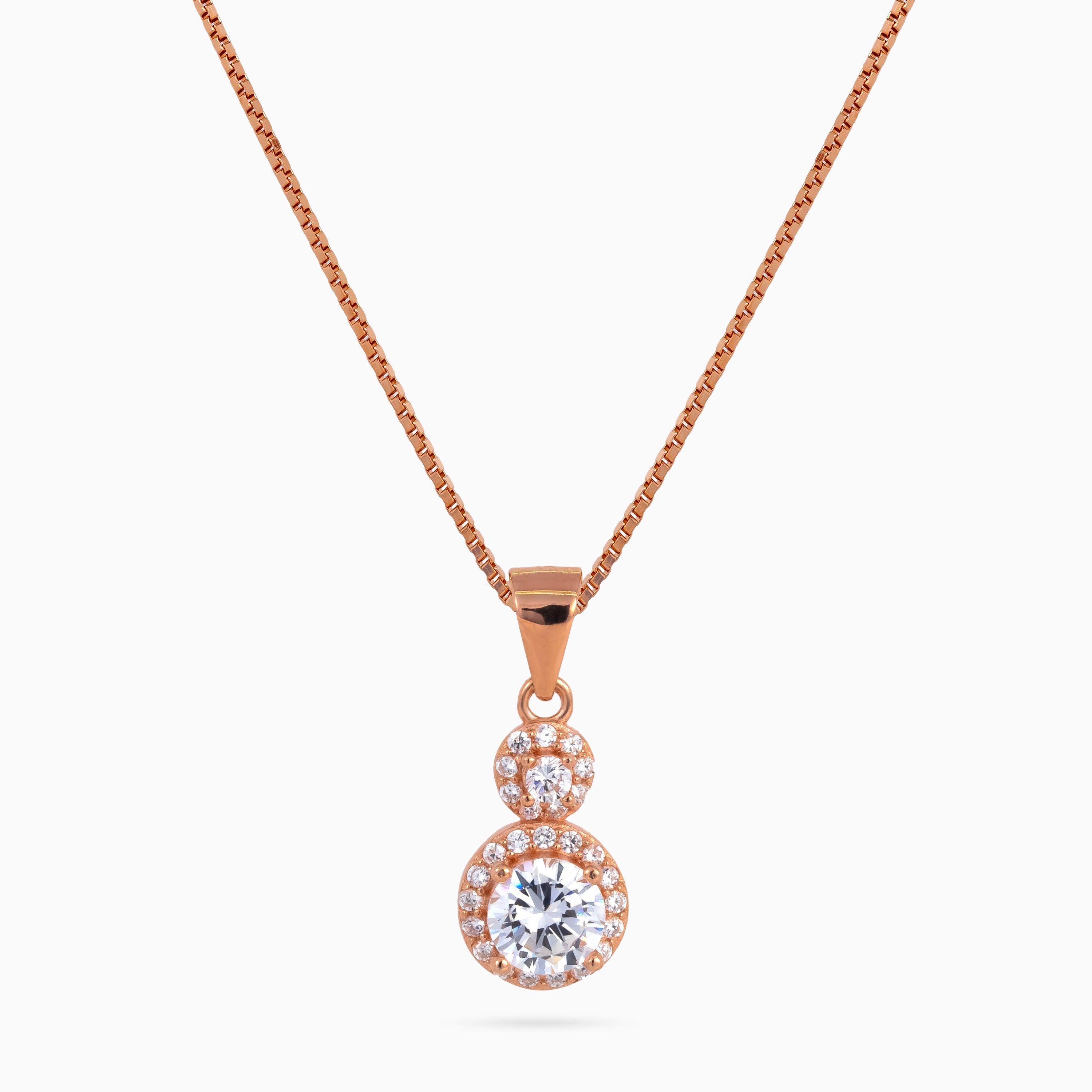 925 sterling silver, rose gold, Double Halo Droplet Necklace, (Evening Sway), 2x1 cm, 45 cm chain