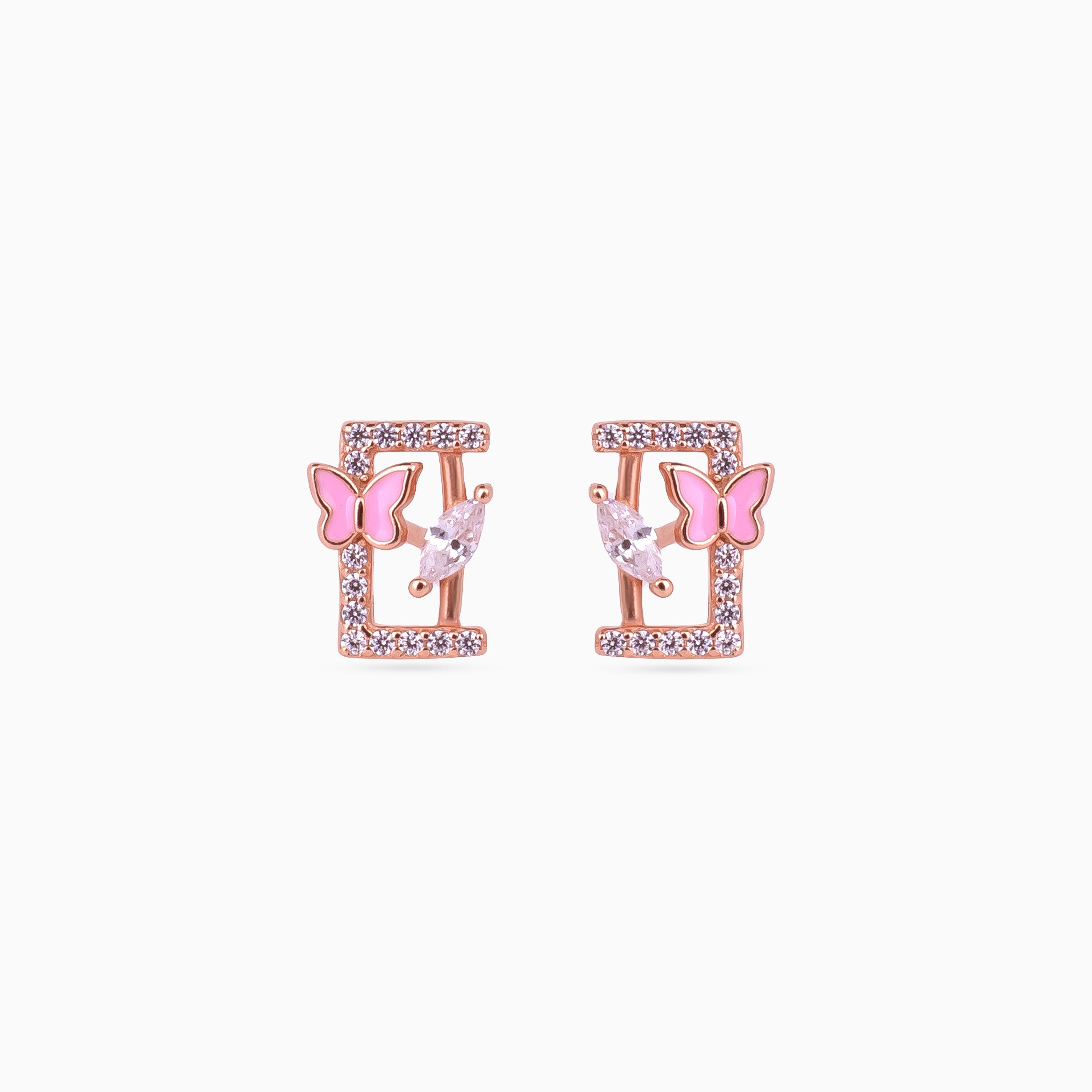 925 rose gold butterfly studs, pink enamel rectangle, pavé and marquise zirconia, 1 × 0.5 cm