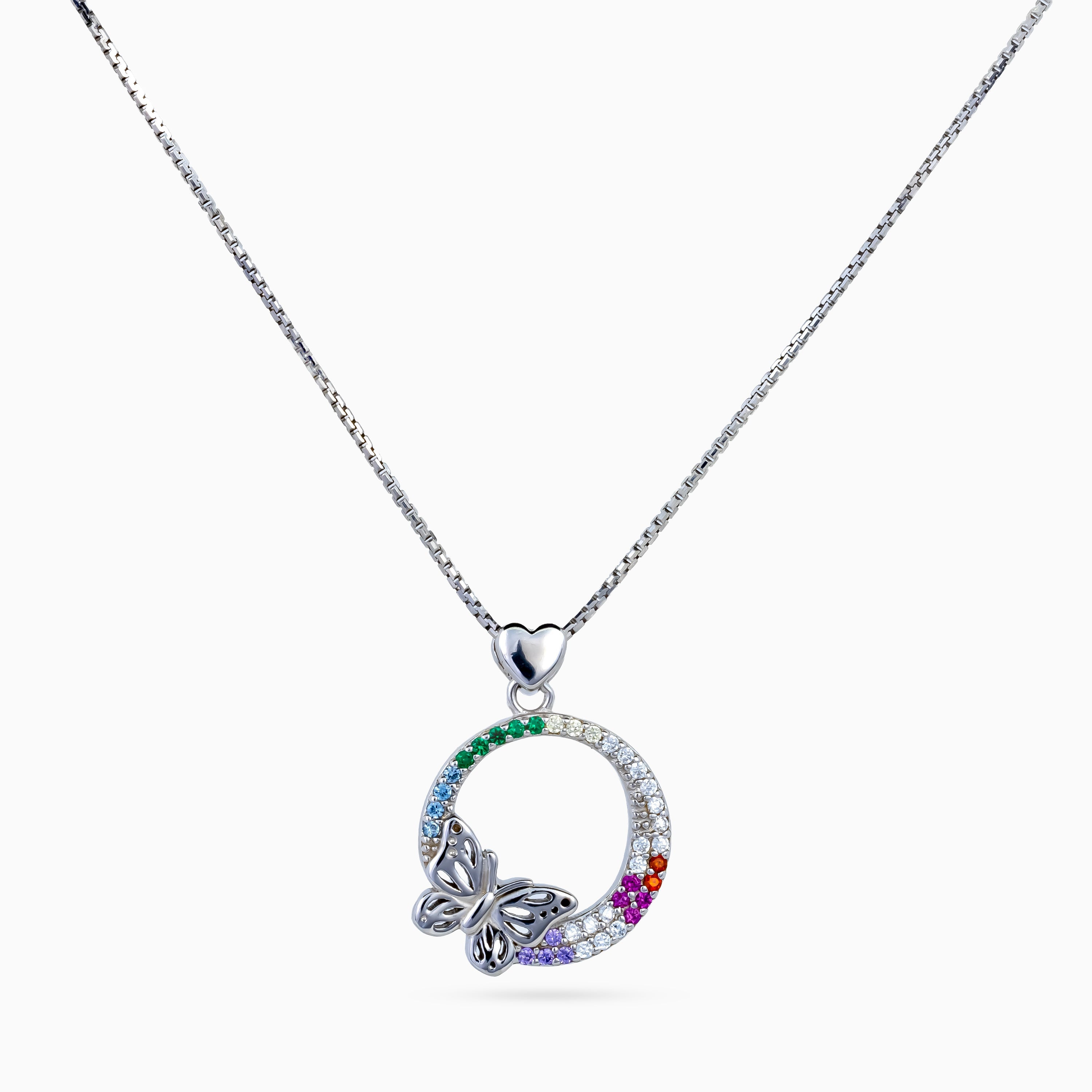 925 sterling silver, rhodium, Rainbow Papillon Circle Necklace, (Papillon), 2x2.5 cm, 40 cm chain