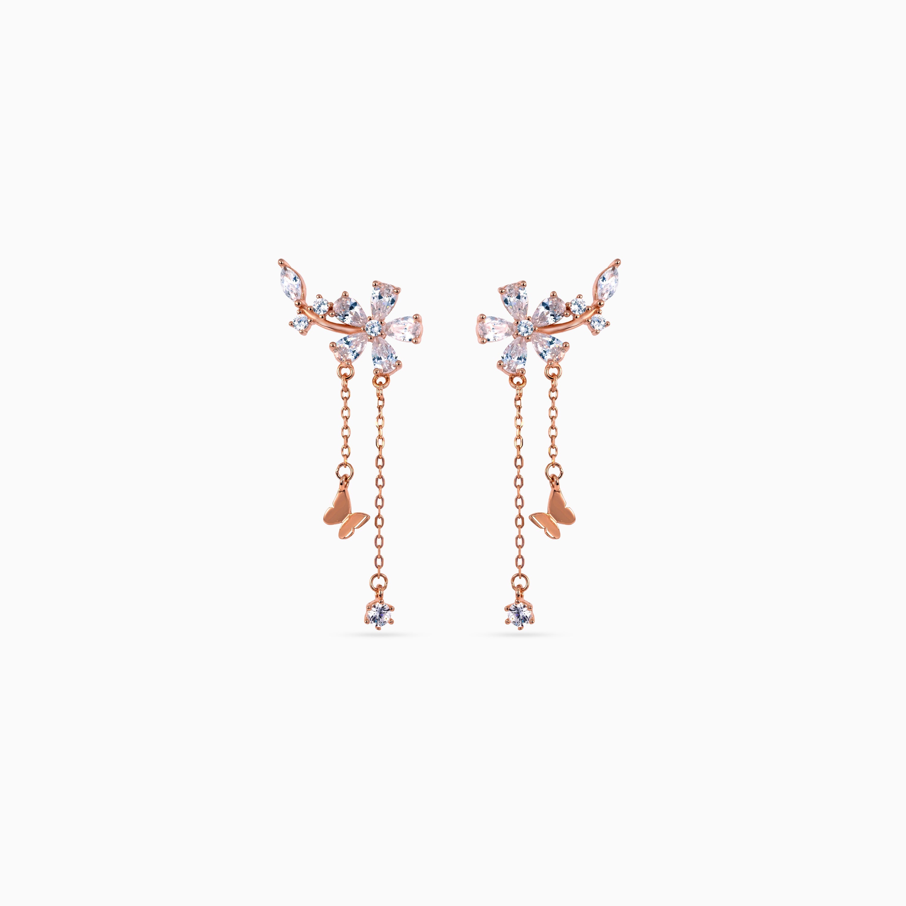 925 rose gold butterfly chain drop earrings, marquise CZ, twin chains, 3.5 × 2 cm
SEO Title: Butterfly Bloom 925 rose gold chain drops | TOKARSI India