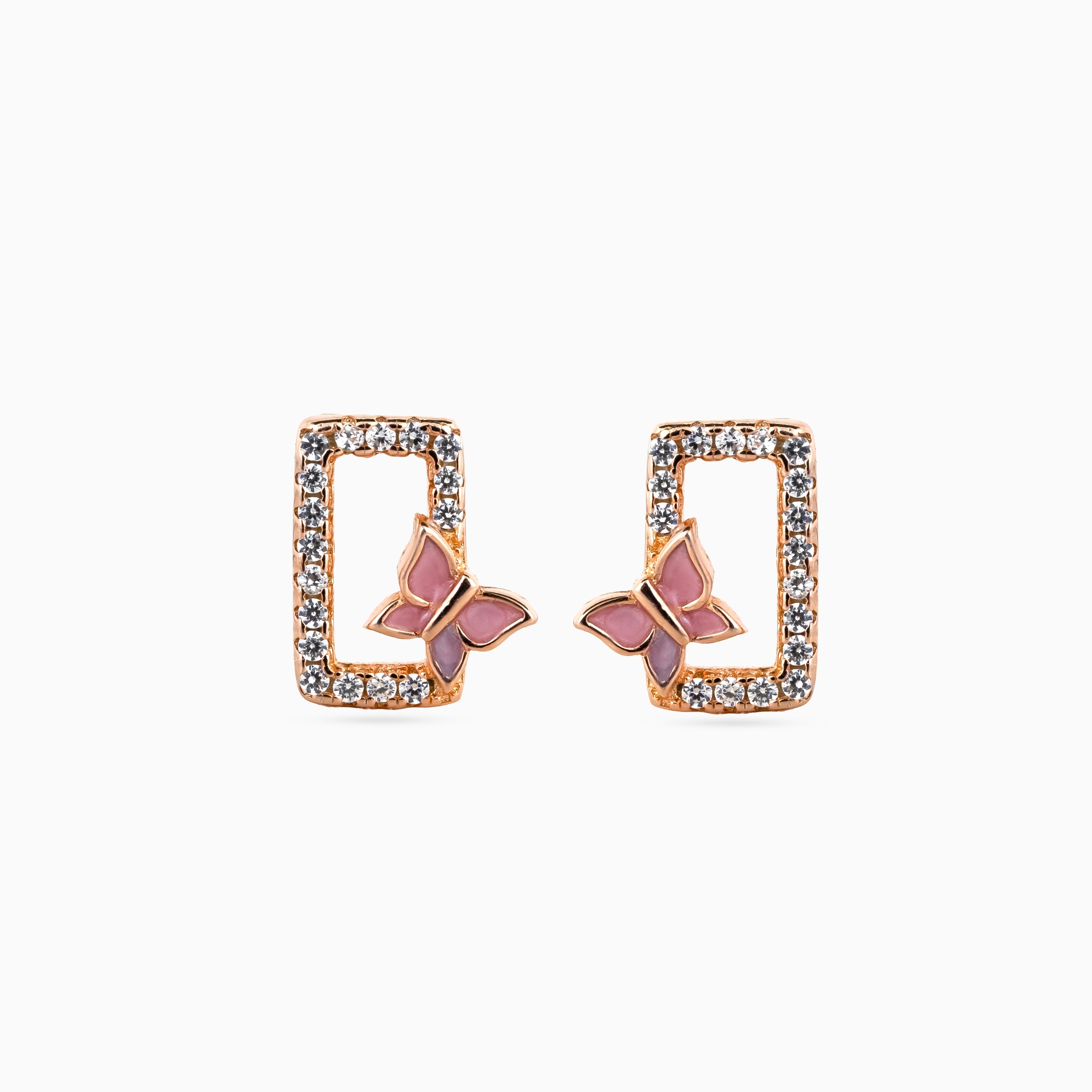 925 rose gold butterfly studs, pink enamel rectangle, pavé CZ, 1 cm