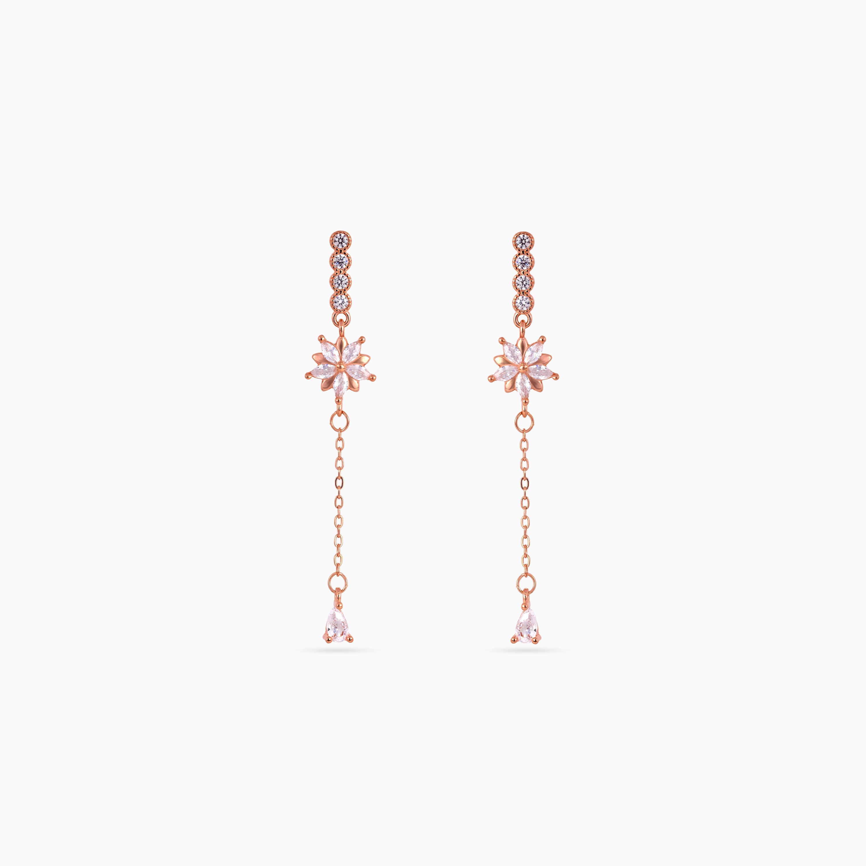 925 rose gold starburst chain drop earrings, pavé bar, pear CZ, 5 × 1 cm