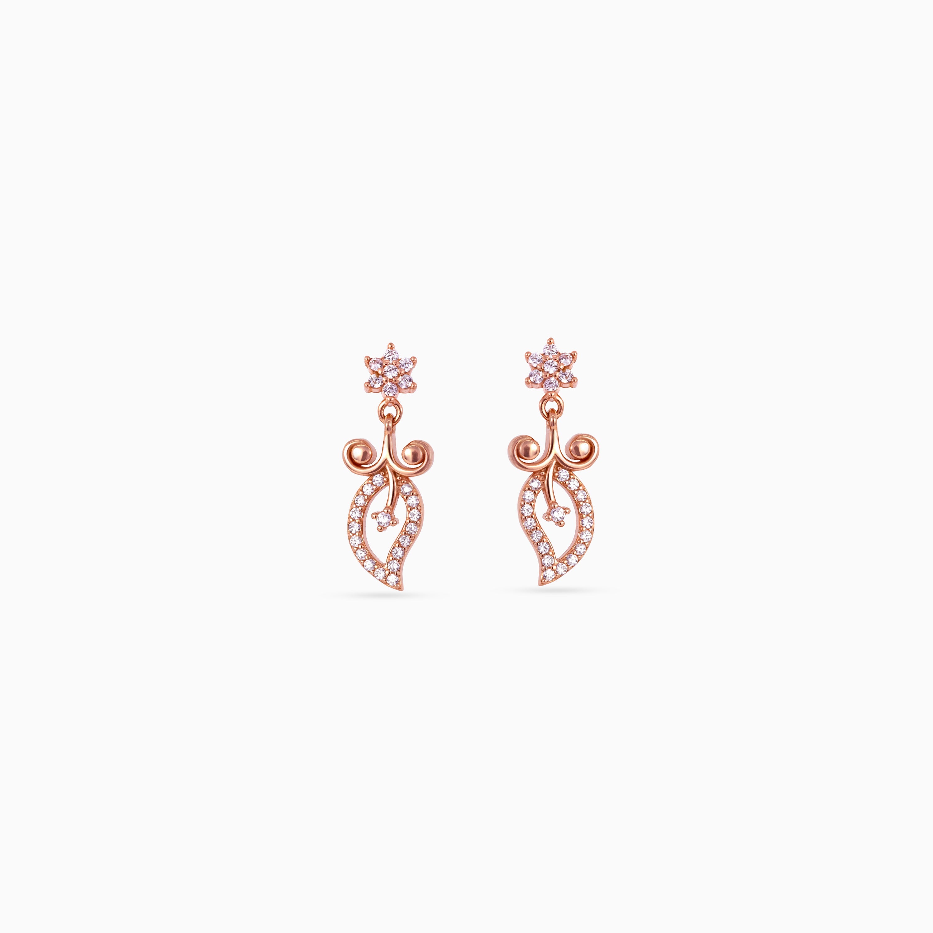 925 rose gold floral leaf drop earrings, pavé CZ, 2 × 1 cm