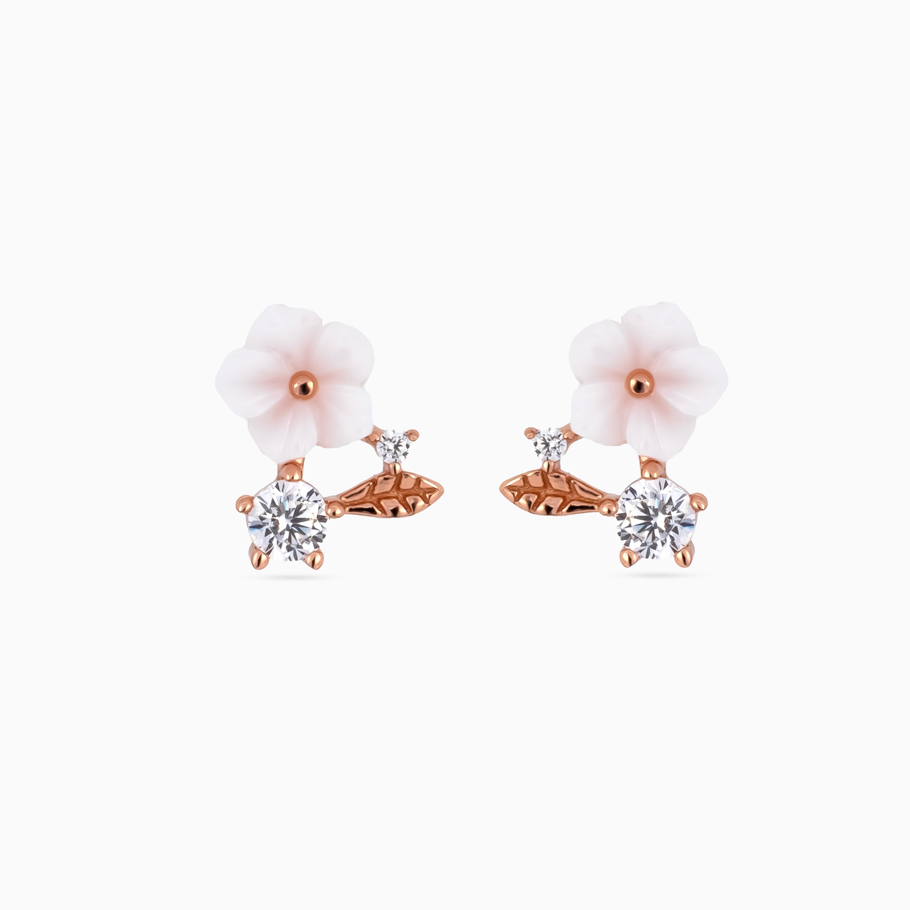 925 rose gold floral studs, blush pink resin flower, leaf, CZ, 1 cm