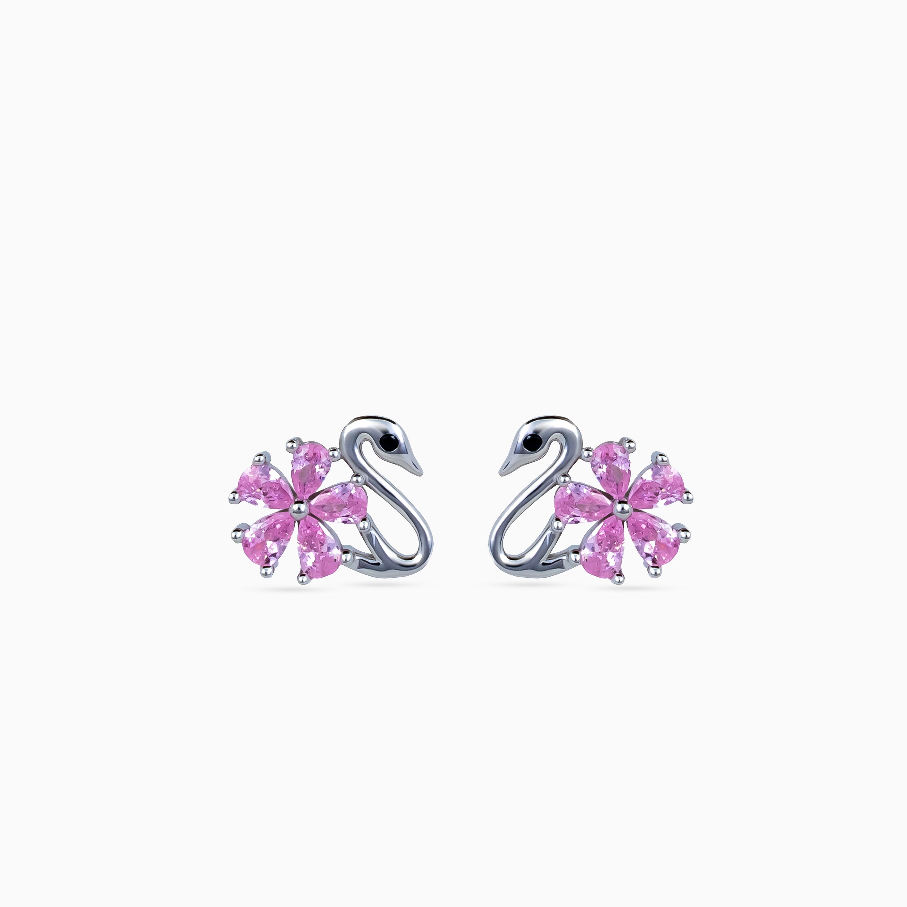 925 silver swan studs, rhodium, pink pear-cut crystal flower, 1 cm