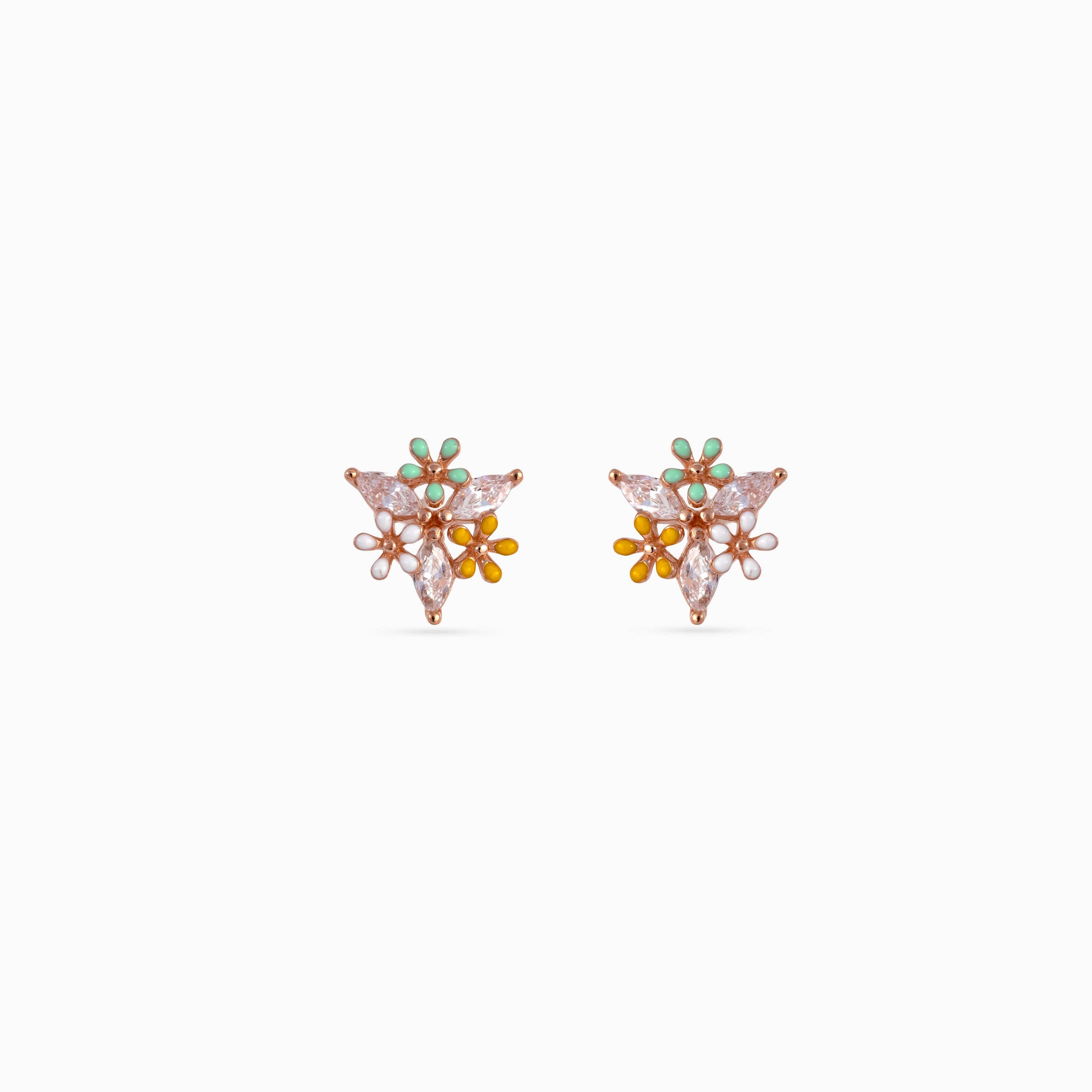 925 rose gold floral studs, marquise CZ with mint yellow white enamel, 1.1 cm