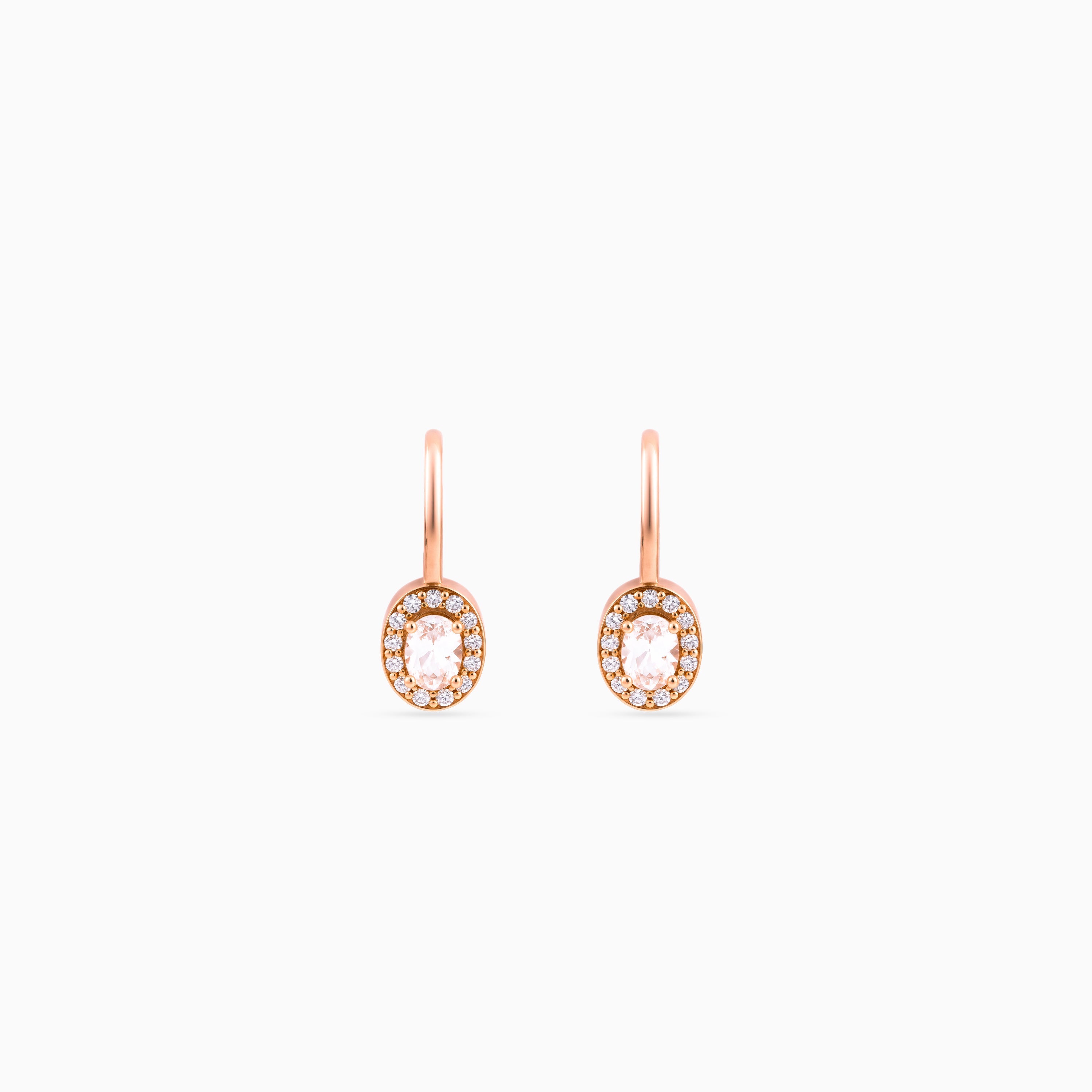 925 rose gold oval halo leverback drops, blush pink center, 1.6 × 1 cm