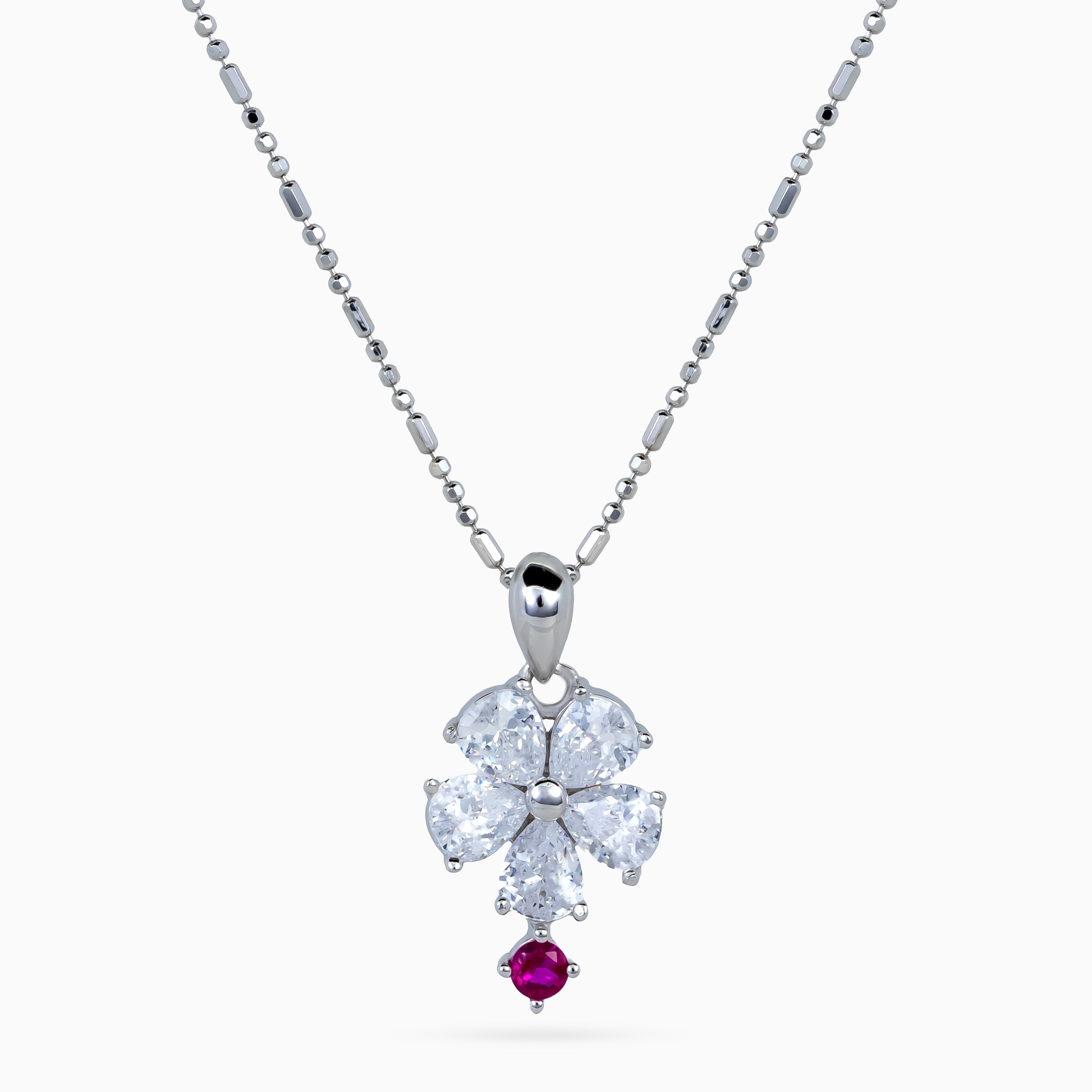 925 sterling silver, rhodium, Crystal Petal Ruby Drop Necklace, (Bloom & Pearl), 2x1 cm, 45 cm chain