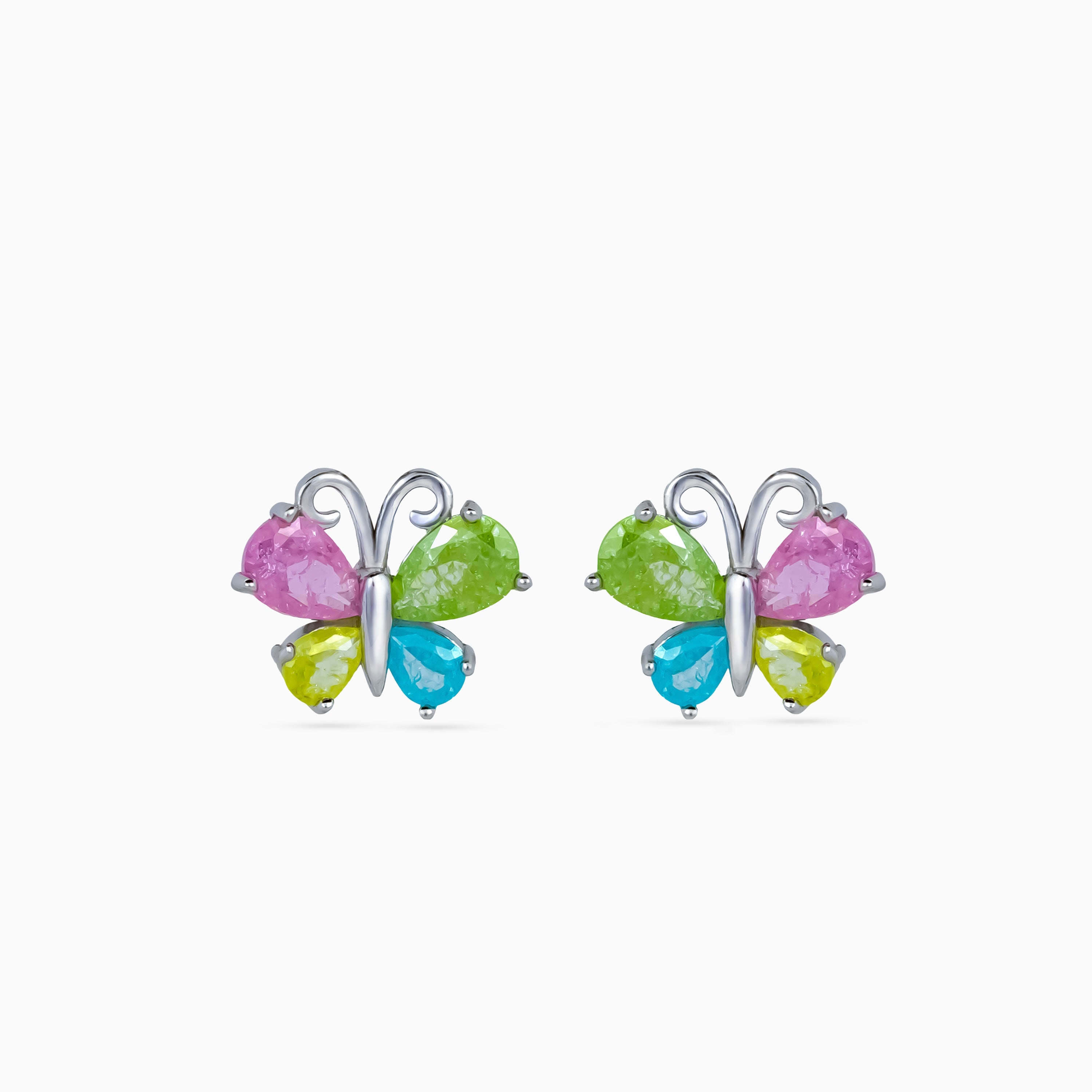 925 silver butterfly studs, rhodium, pastel pink green blue yellow crystals, 1 cm