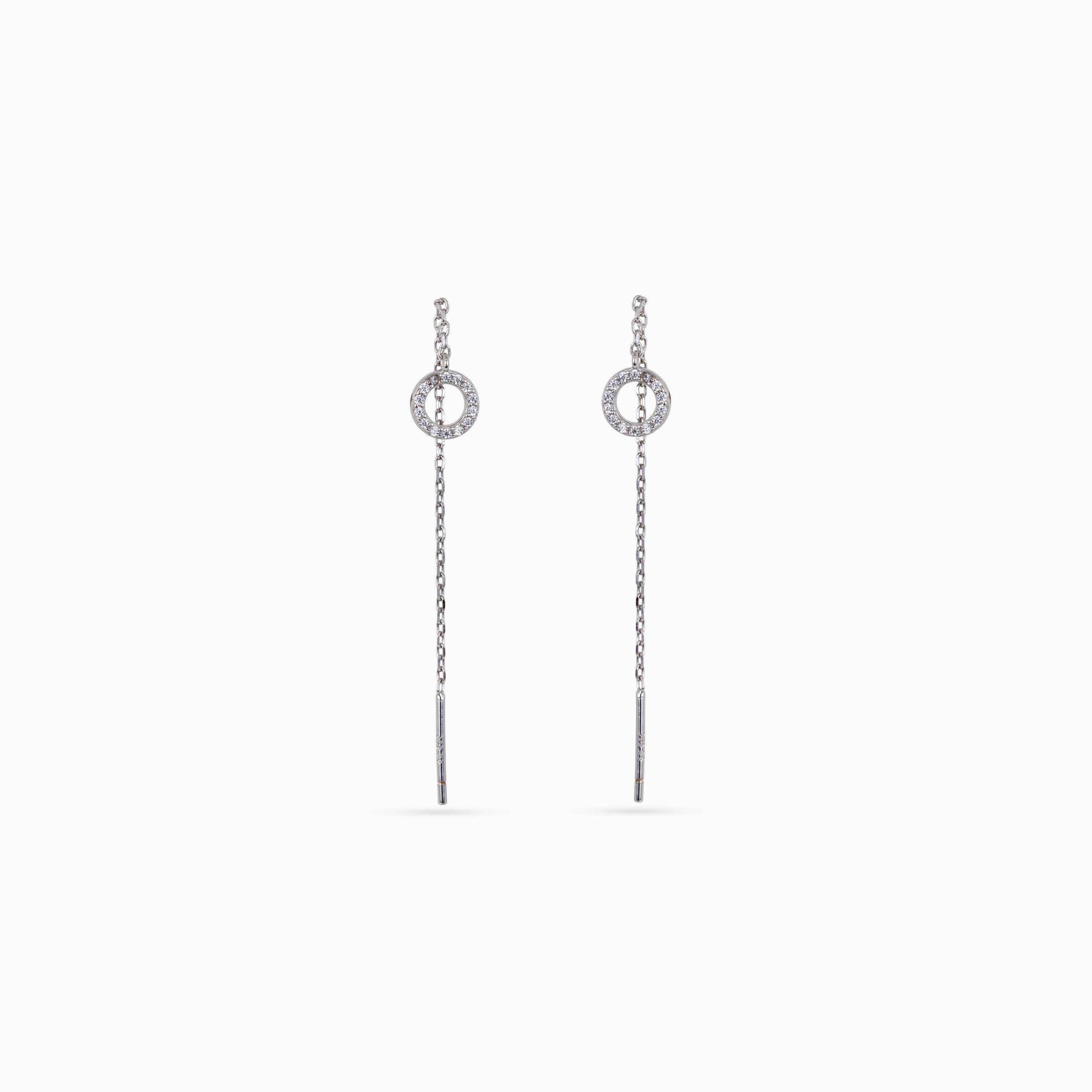 925 silver long chain drop earrings, pavé circle top, bar end, 6.5 × 1 cm