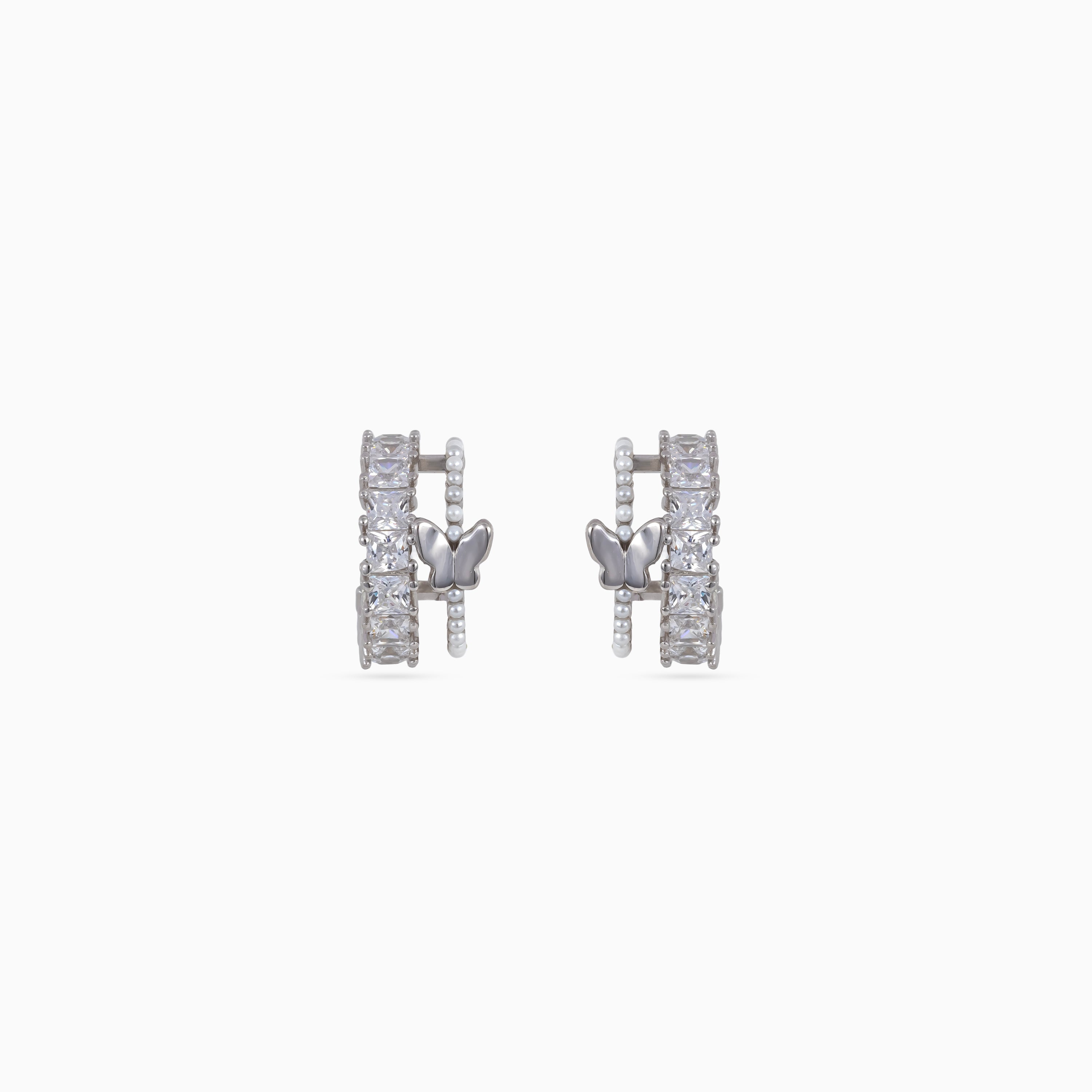 925 silver butterfly gem hoop huggies, square CZ, beaded detail, 1.5 × 0.5 cm
