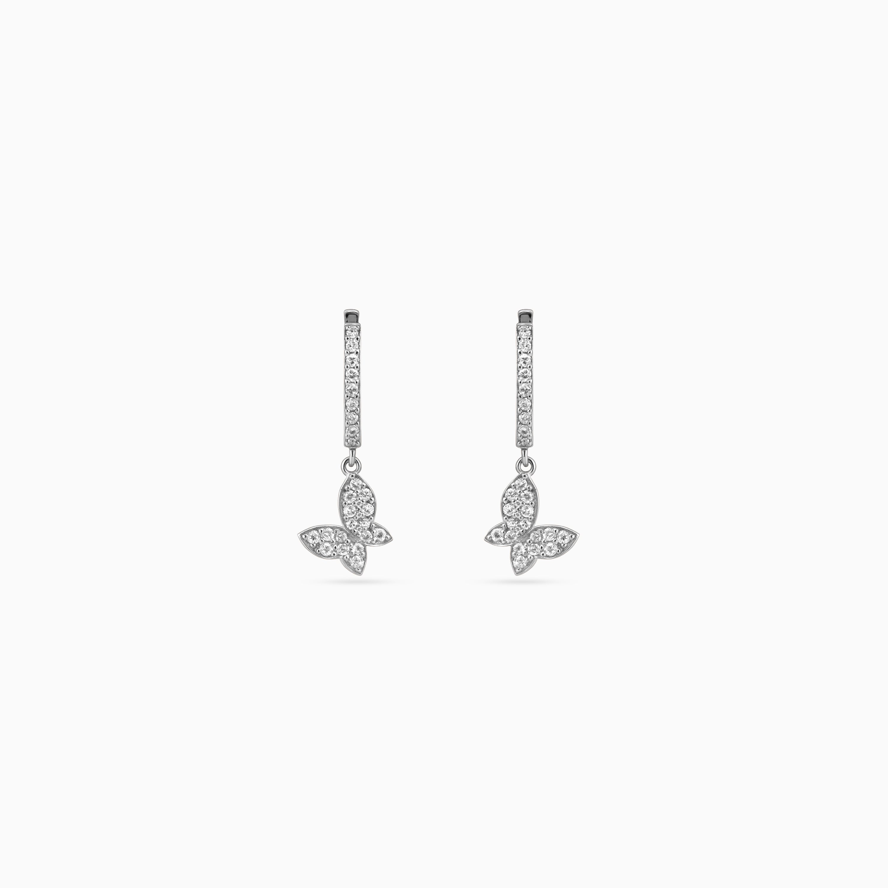 925 silver butterfly huggie drop earrings, pavé CZ, 2.5 × 1.5 cm