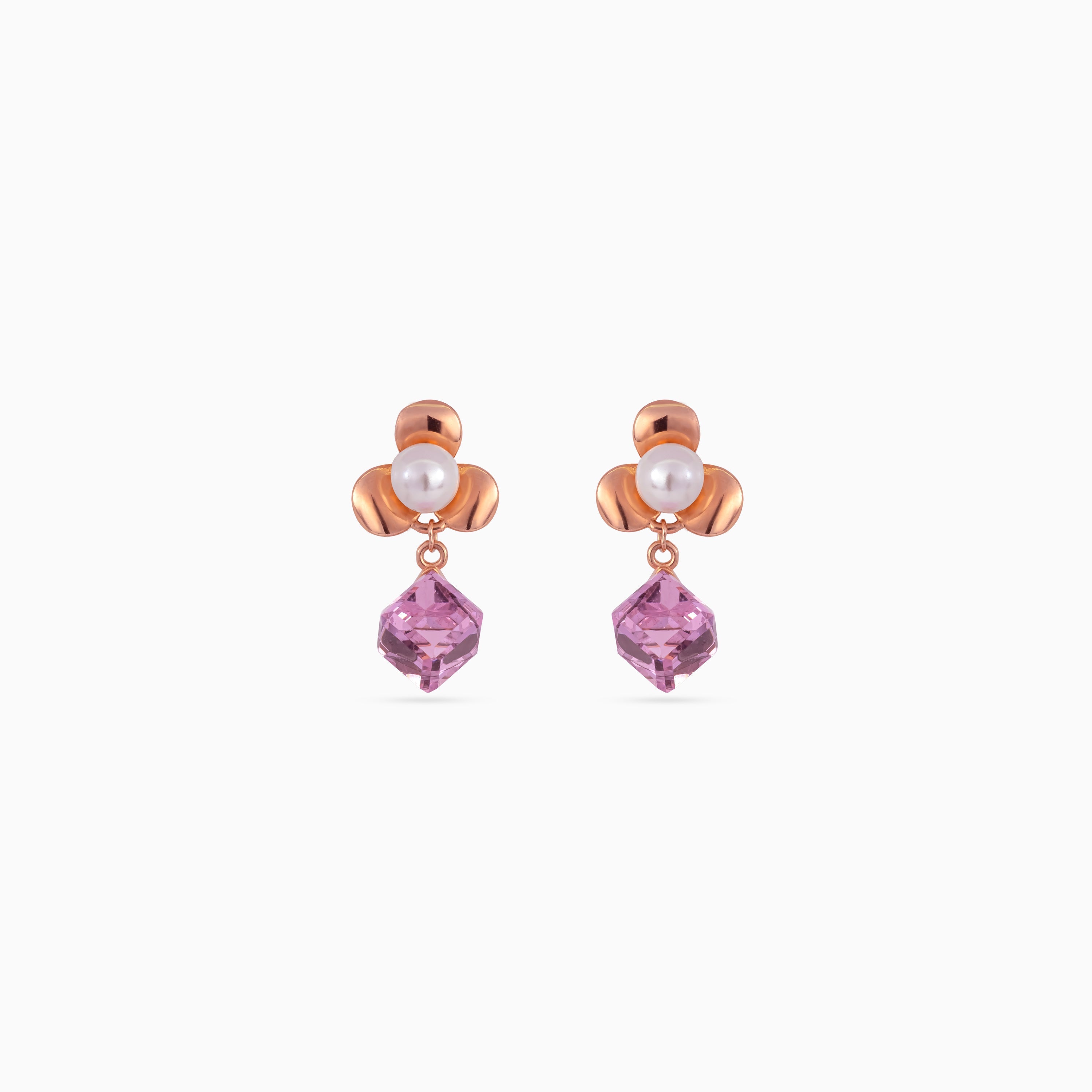 925 rose gold pearl drop earrings, pink CZ prism, 2 × 1 cm