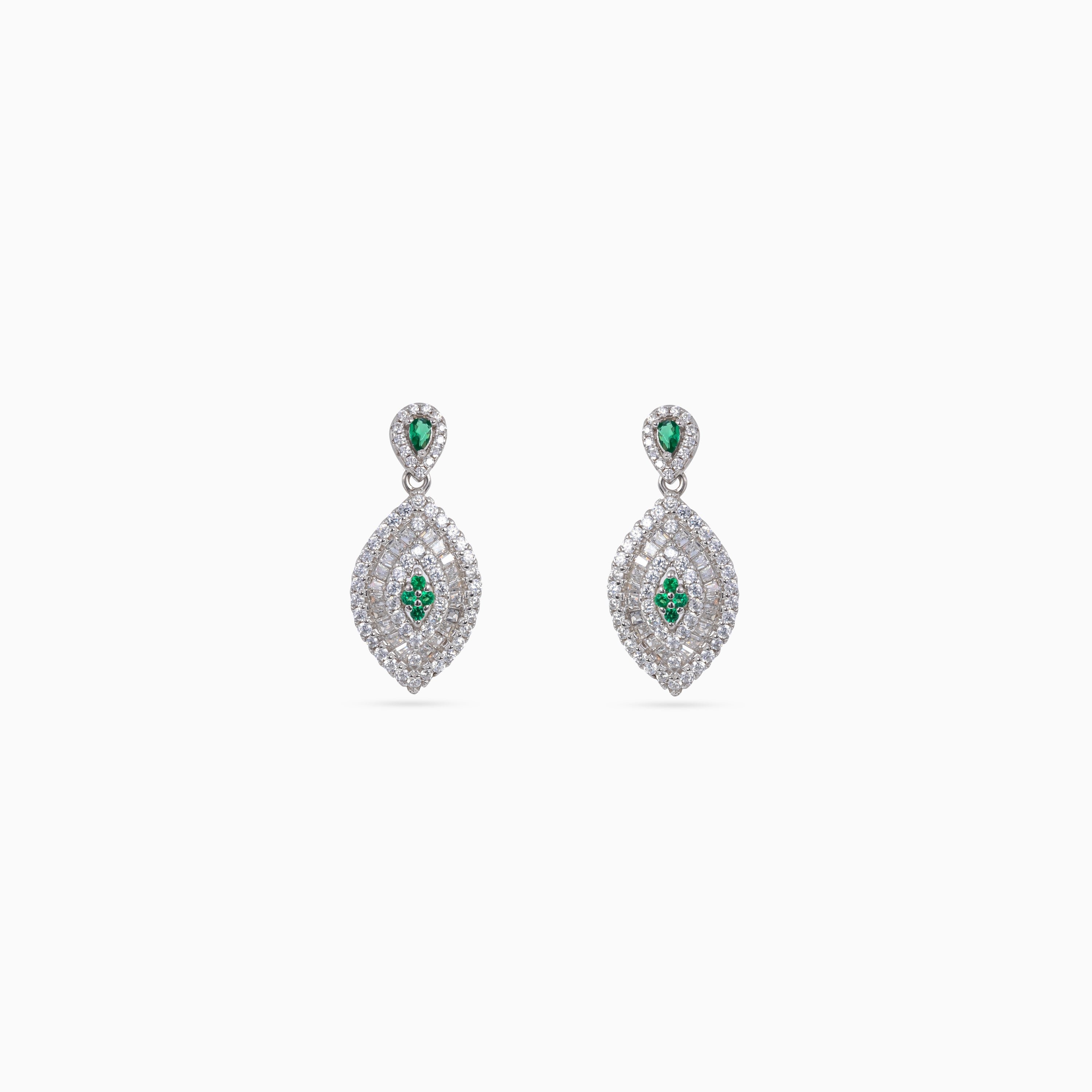 925 silver emerald marquise pavé drop earrings, green CZ, 2 × 1 cm