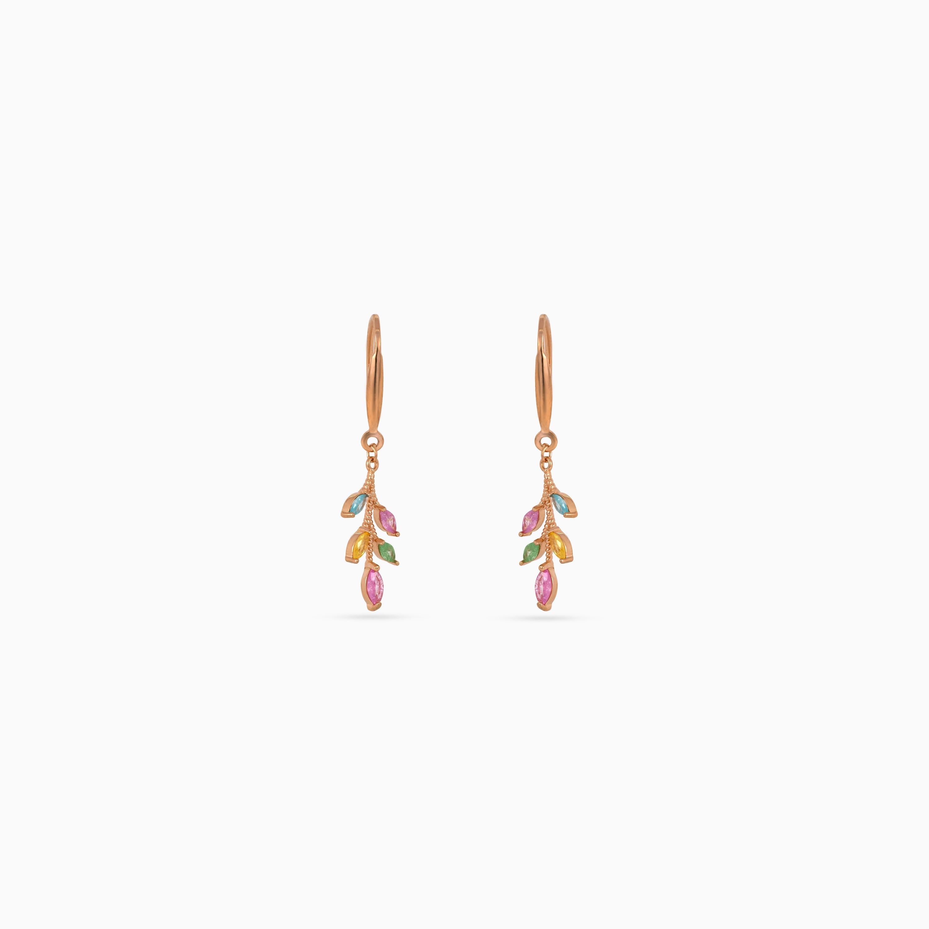925 rose gold enamel butterfly leaf drops, pink marquise CZ, teal green yellow enamel, 3.5 × 1 cm
