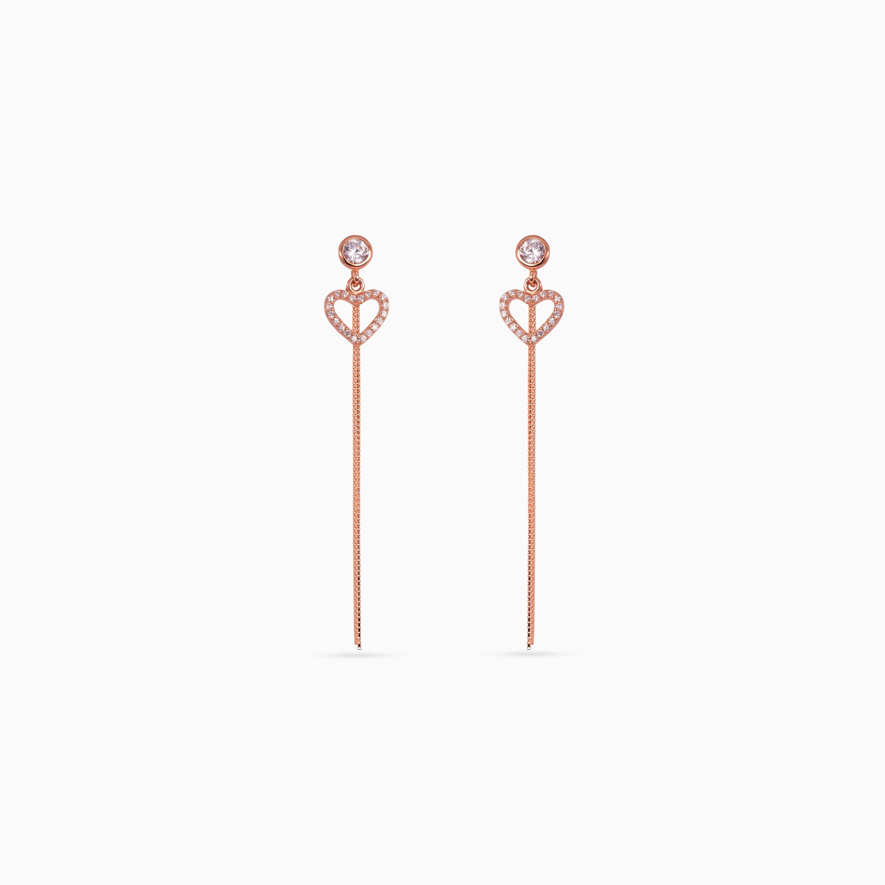 925 rose gold heart chain drop earrings, bezel CZ, pavé heart, 5 × 1 cm