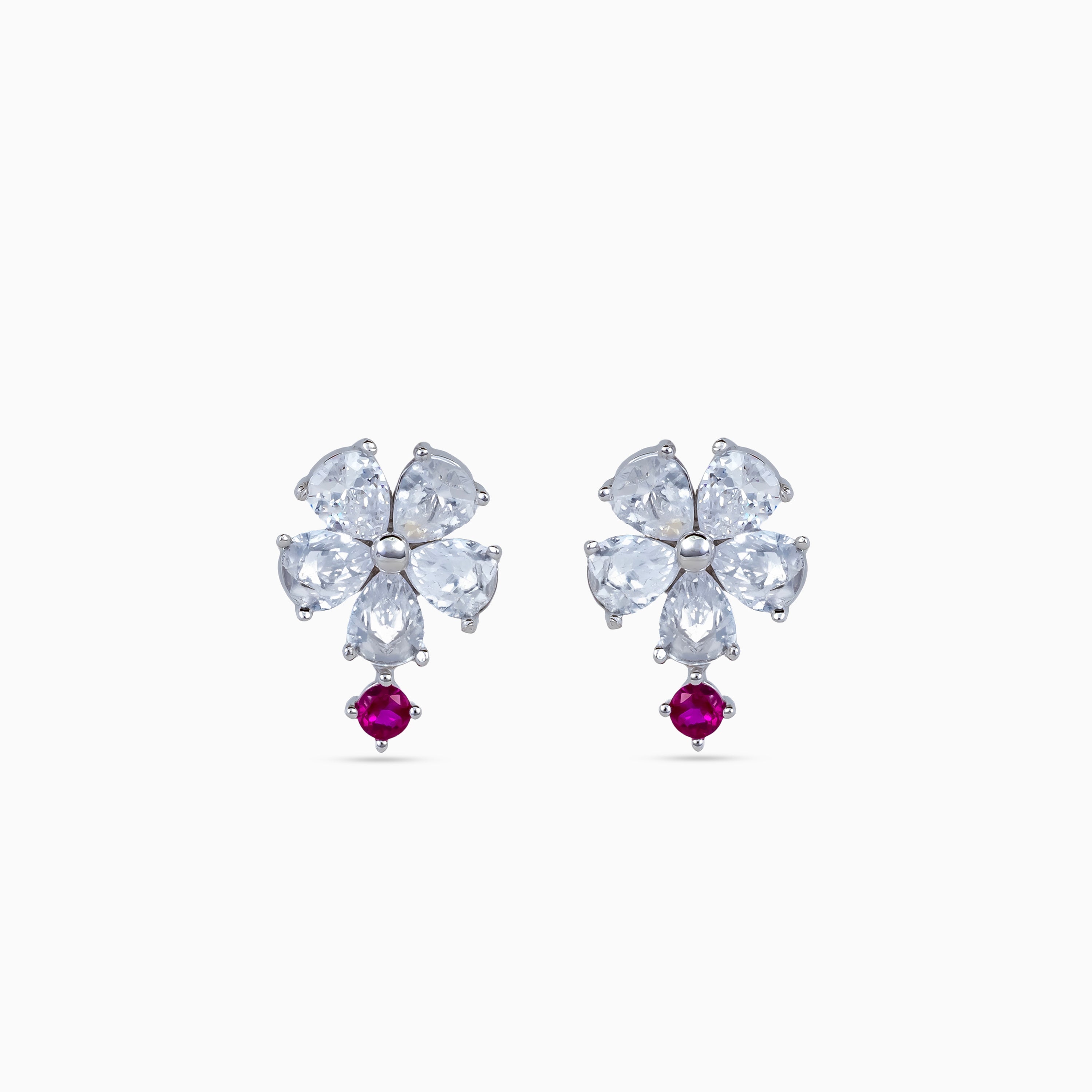 925 silver flower drop studs, rhodium, pear-cut crystals with ruby red drop, 1.5 × 1 cm