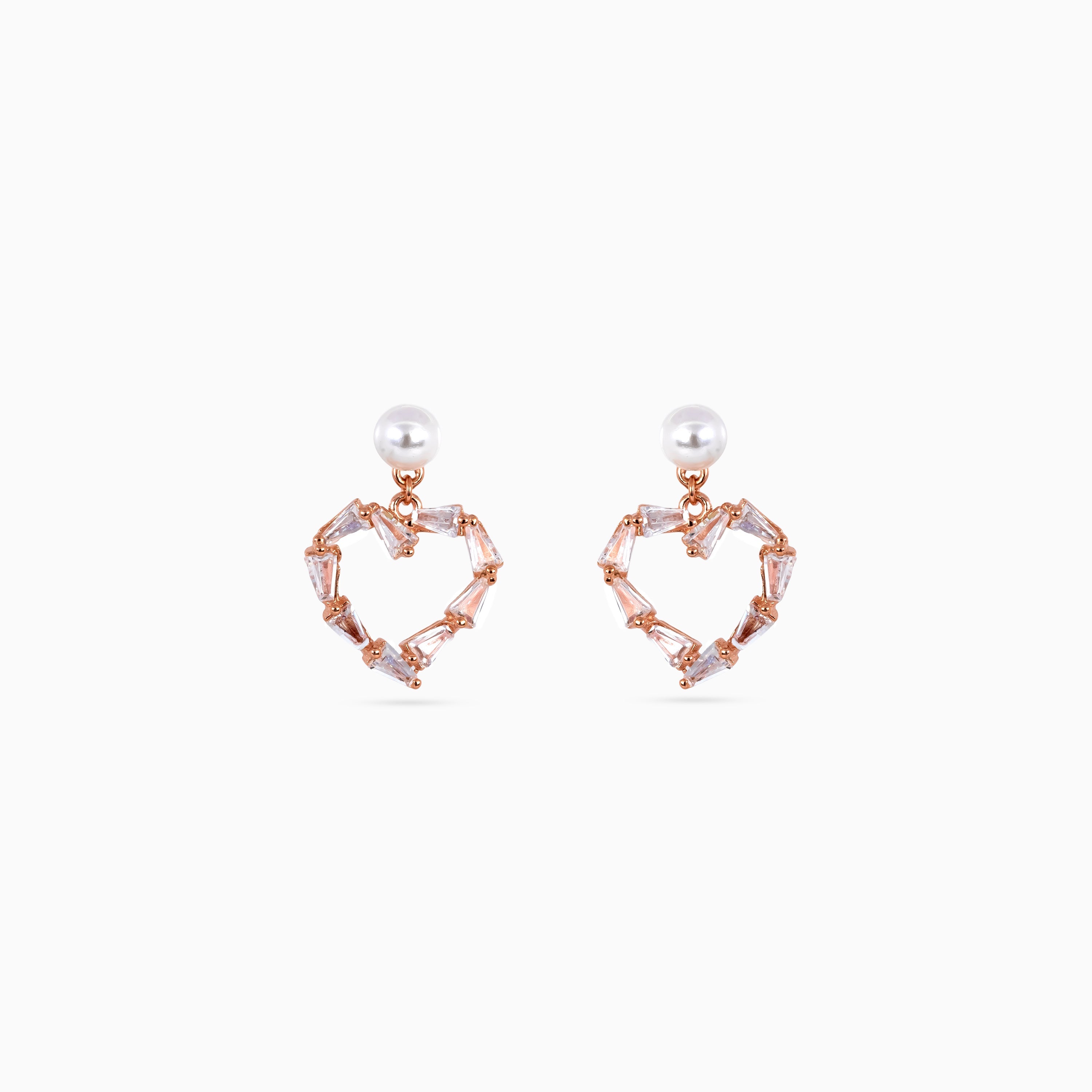 925 rose gold pearl heart baguette drop earrings, 1.5 × 1.3 cm