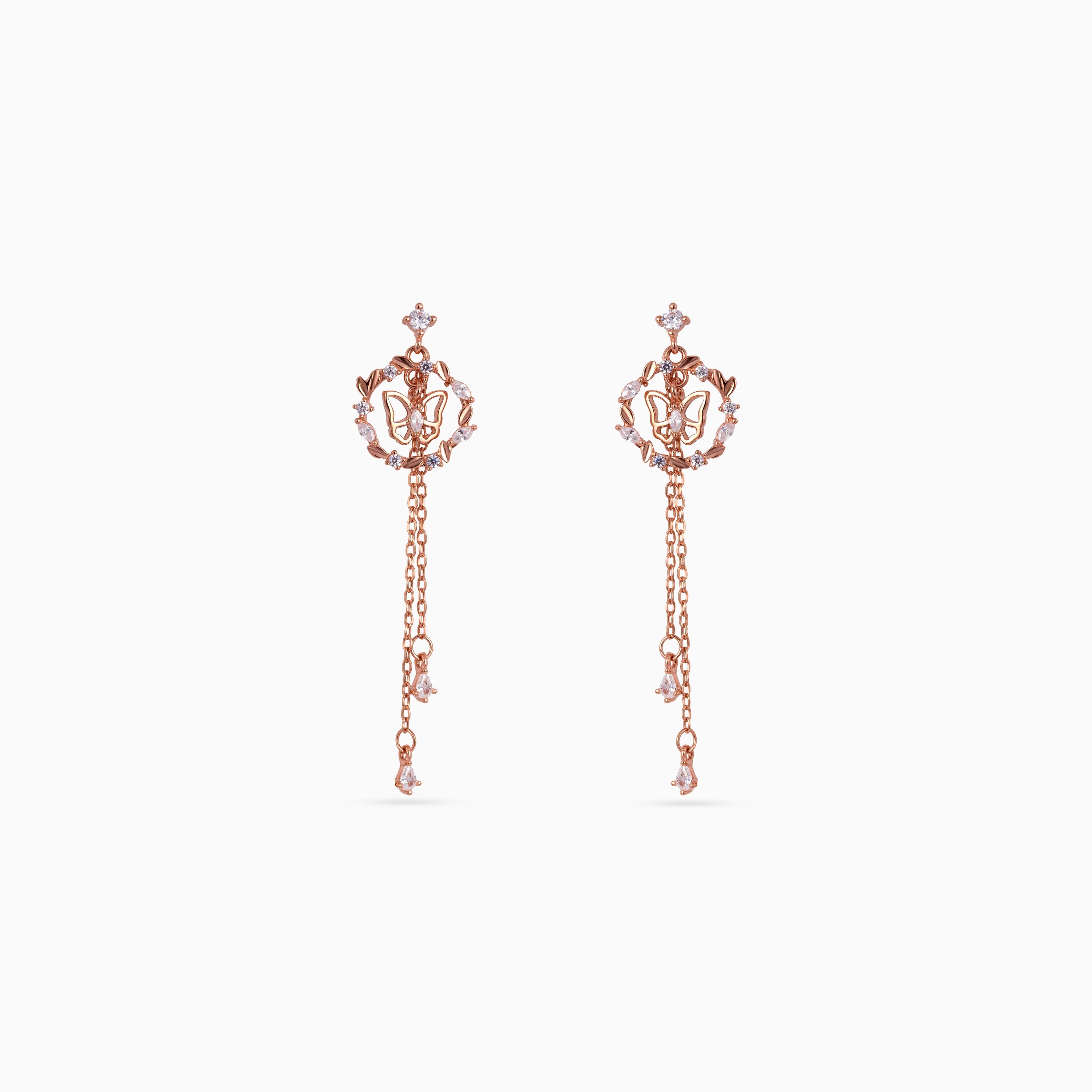 925 rose gold butterfly wreath chain drop earrings, CZ, 4.5 × 1.5 cm