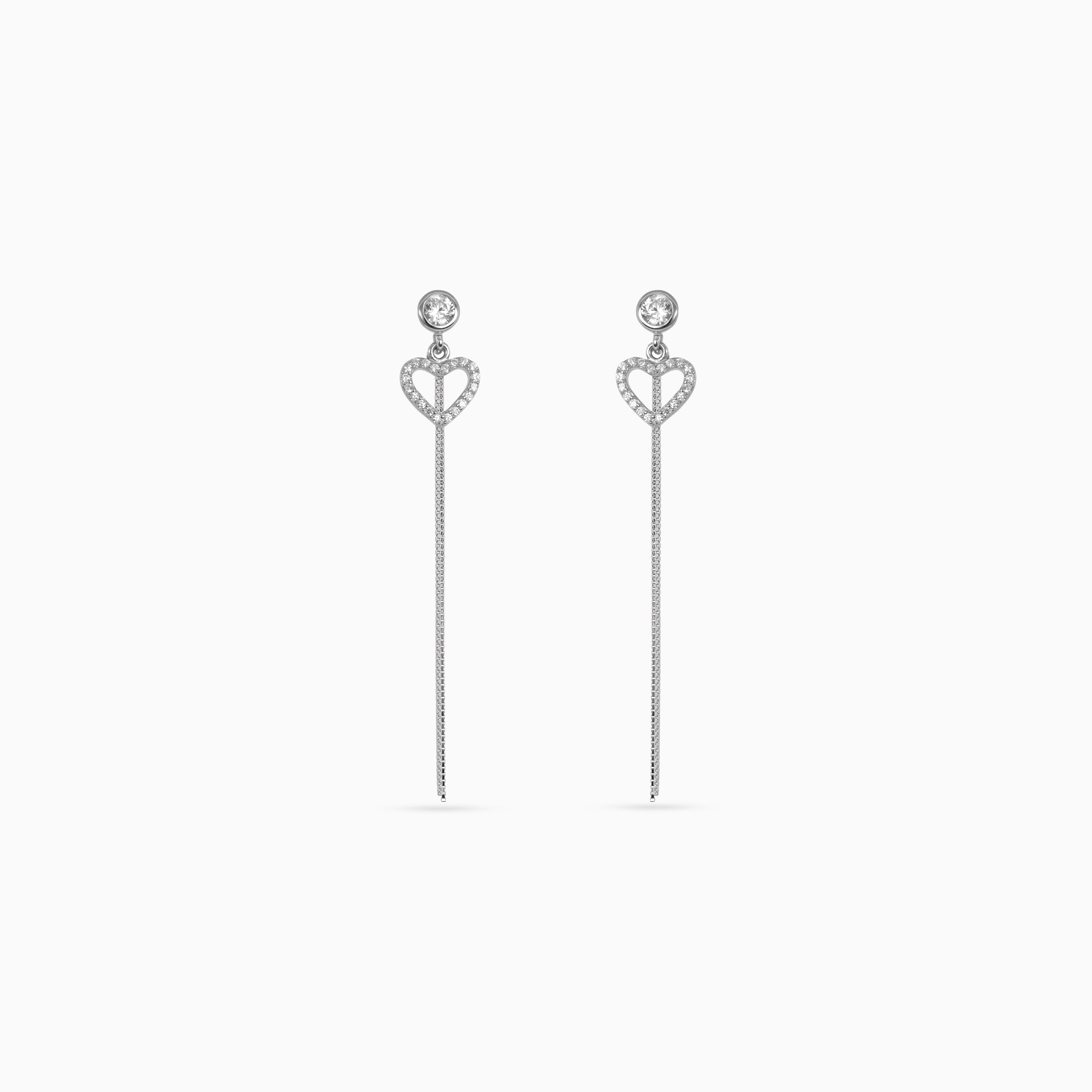 925 silver pavé heart chain drop earrings, bezel CZ, 5 × 1 cm