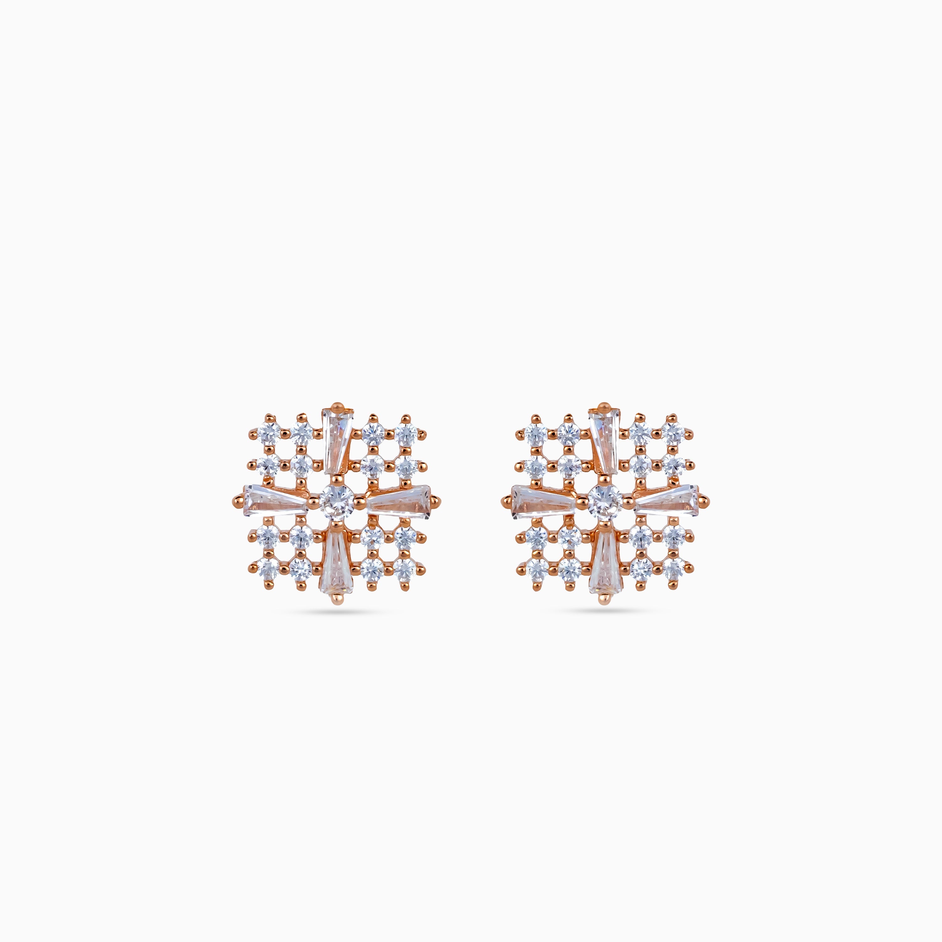 925 rose gold starburst studs, baguette and round CZ, micro pavé, 1 cm