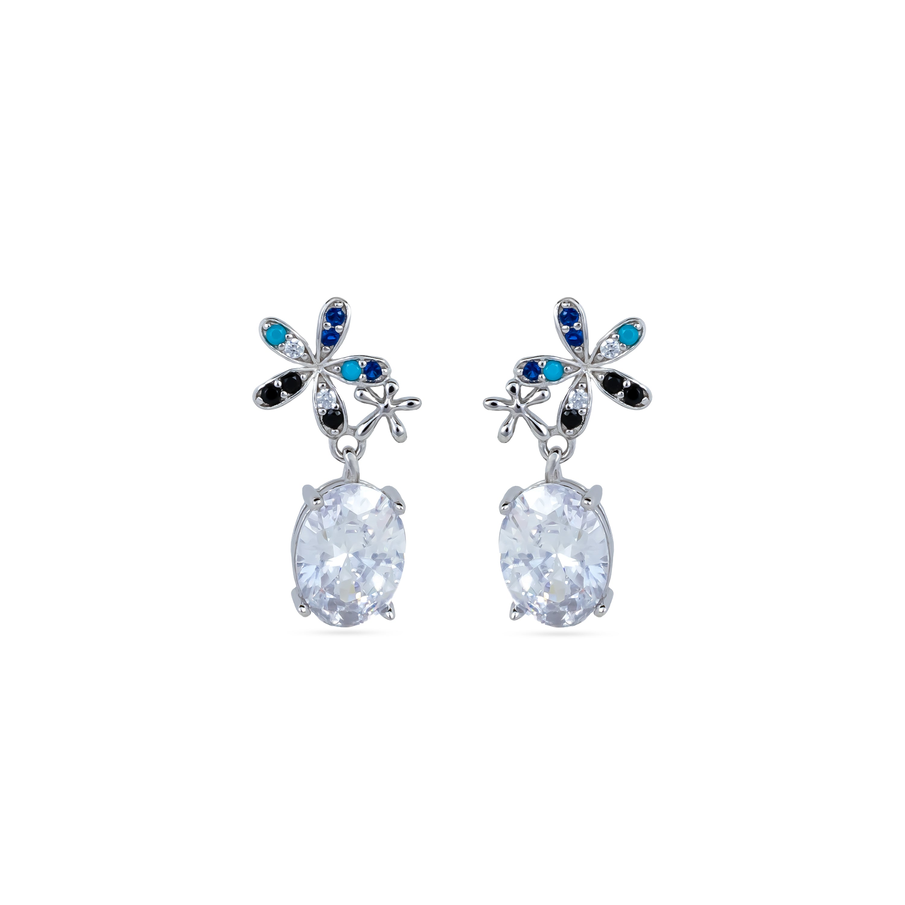 925 silver oval drop earrings, rhodium, blue teal black white pavé, clear oval, 1.5 × 0.7 cm