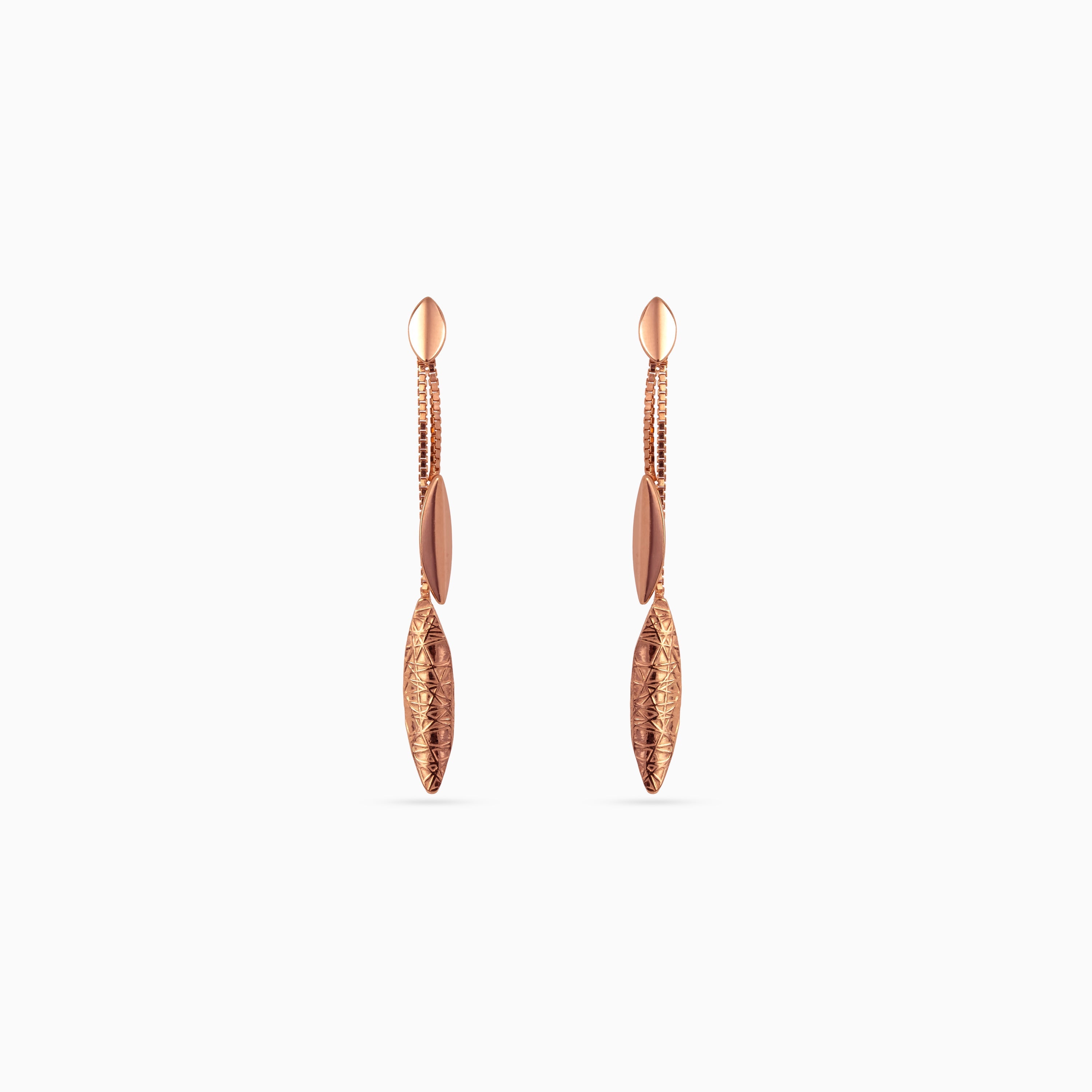 925 rose gold etched leaf linear drop earrings, twin strands, 5 × 0.5 cm