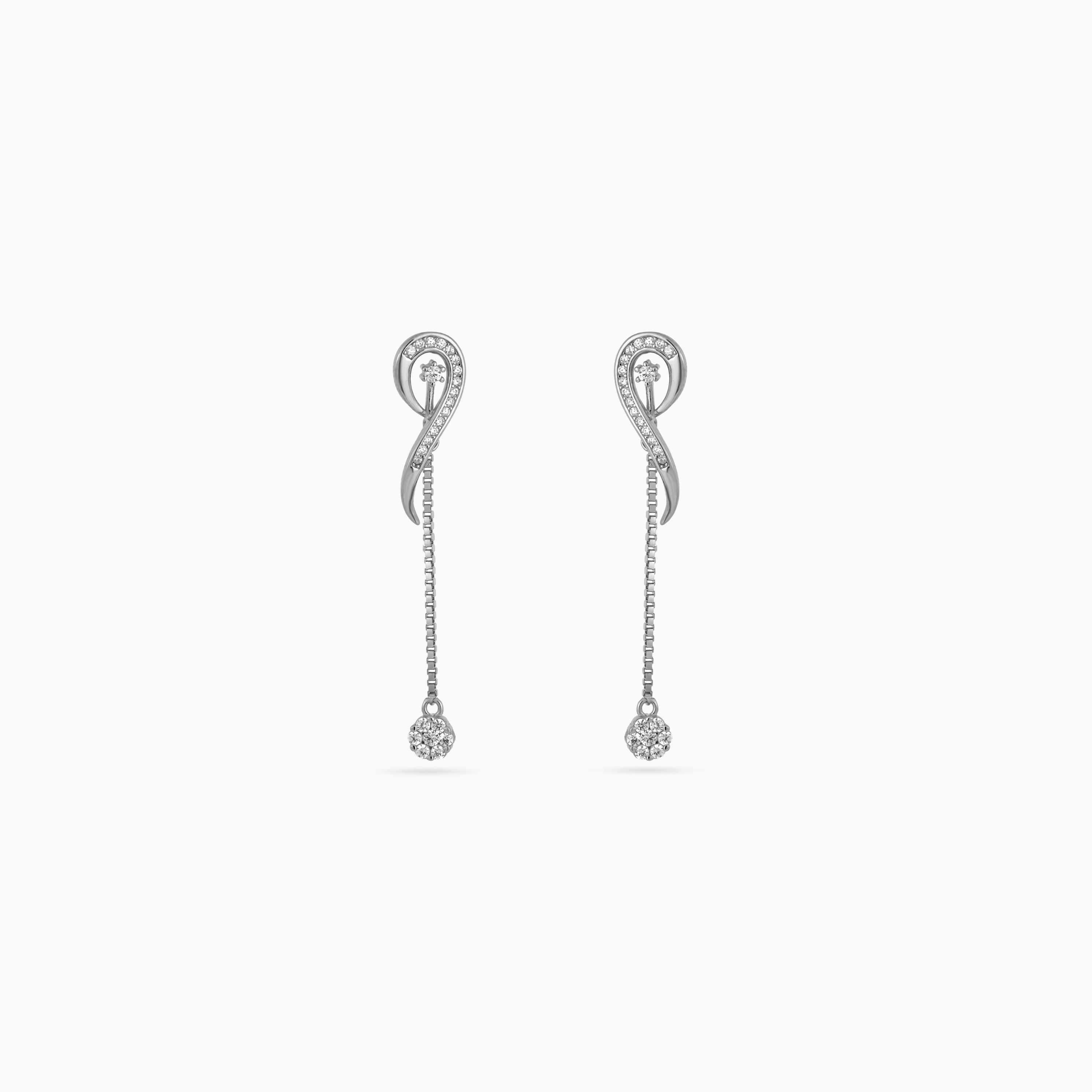 925 silver swirl chain drop earrings, pavé CZ, 4.5 × 0.7 cm