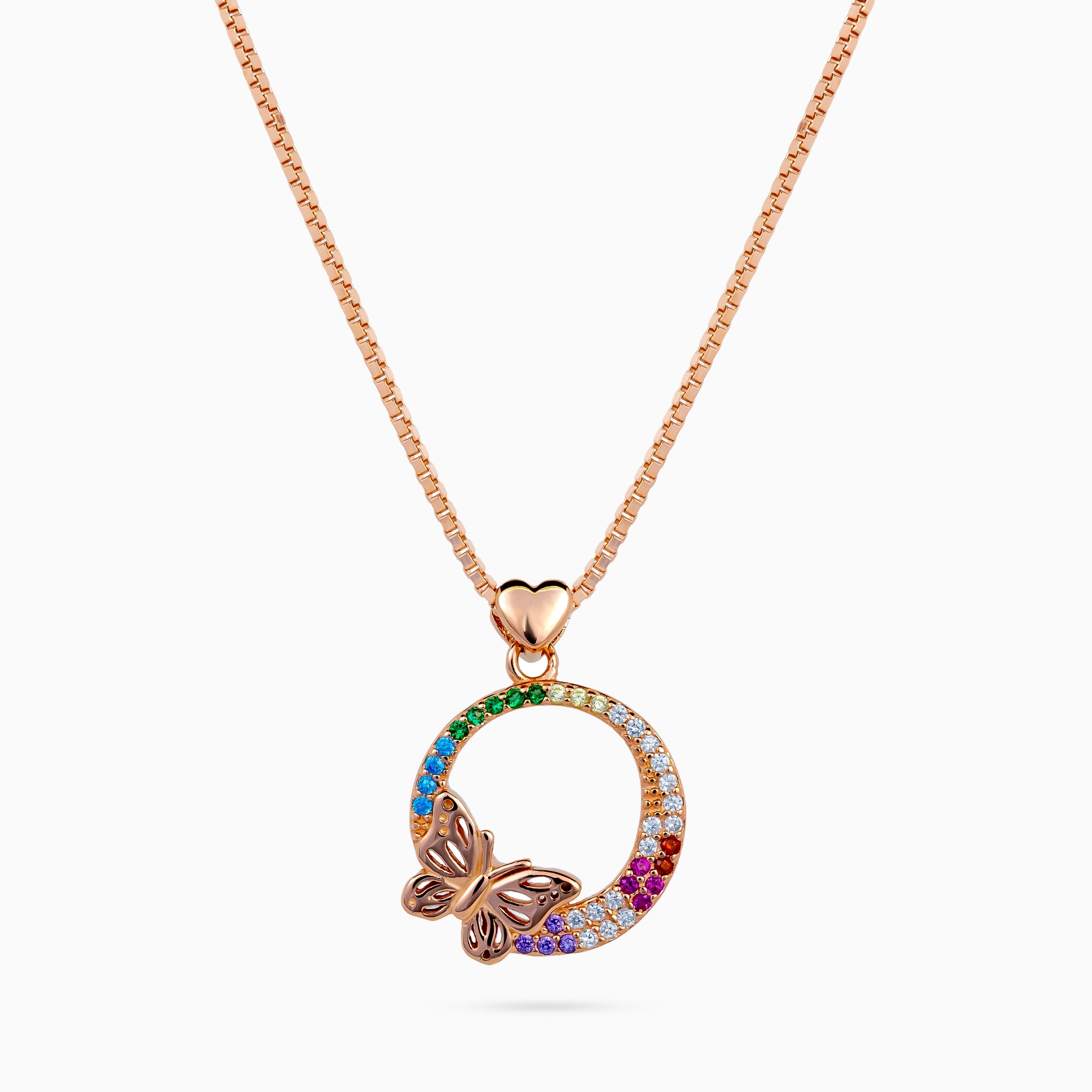 925 sterling silver, rose gold, Rose Gold Rainbow Papillon Circle Necklace, (Papillon), 2x2.5 cm, 40 cm chain