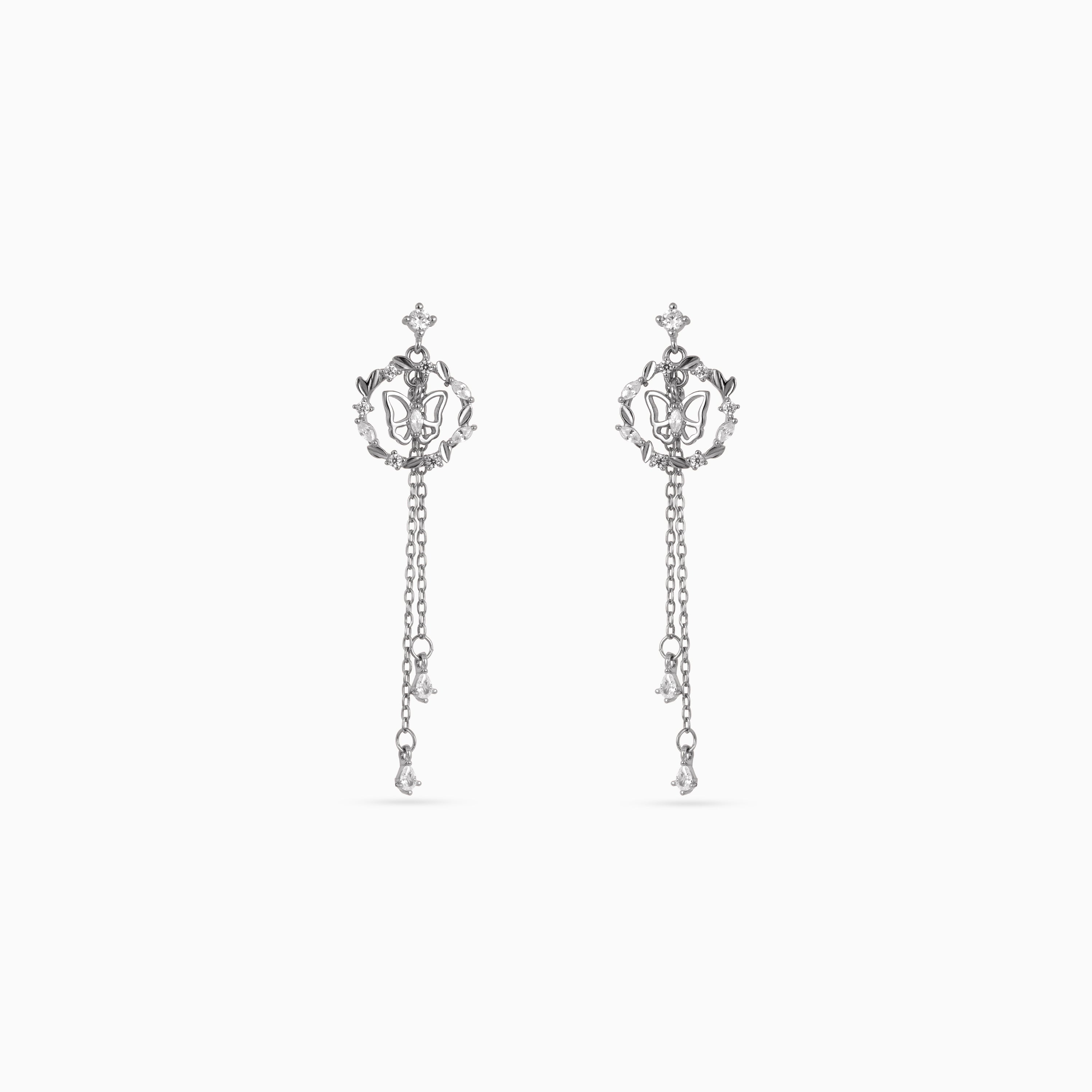 925 silver butterfly wreath chain drop earrings, CZ, 4.5 × 1.5 cm