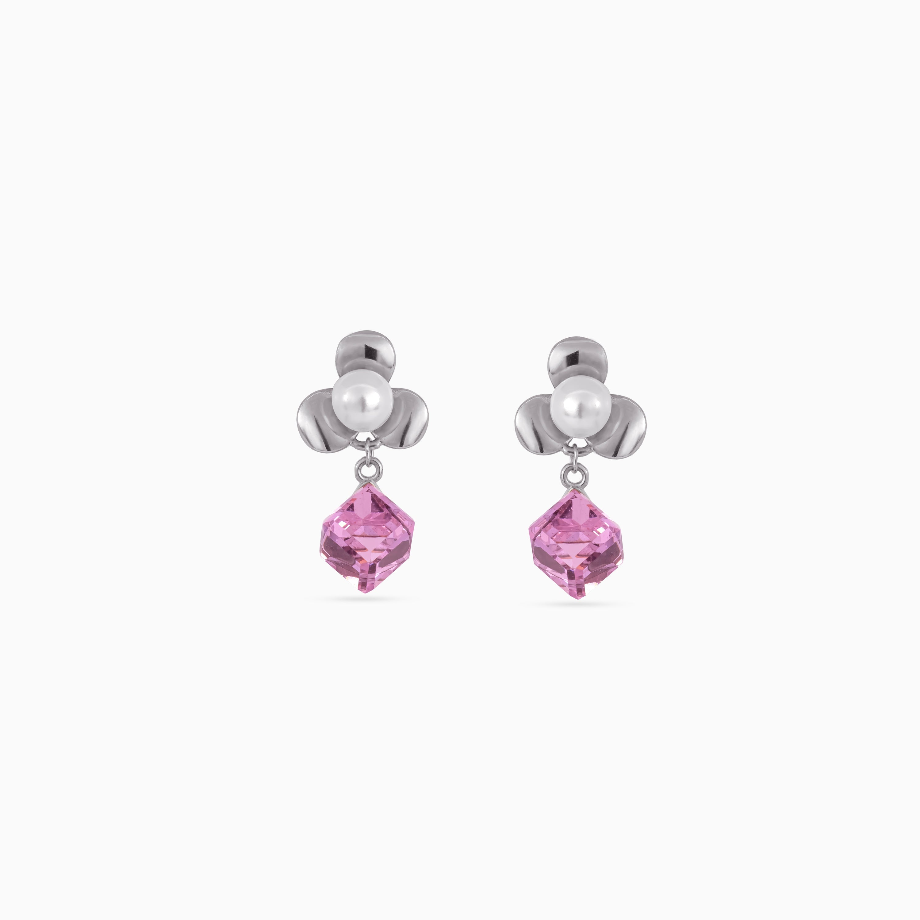 925 silver pearl drop earrings, rhodium, pink CZ prism, 2 × 1 cm