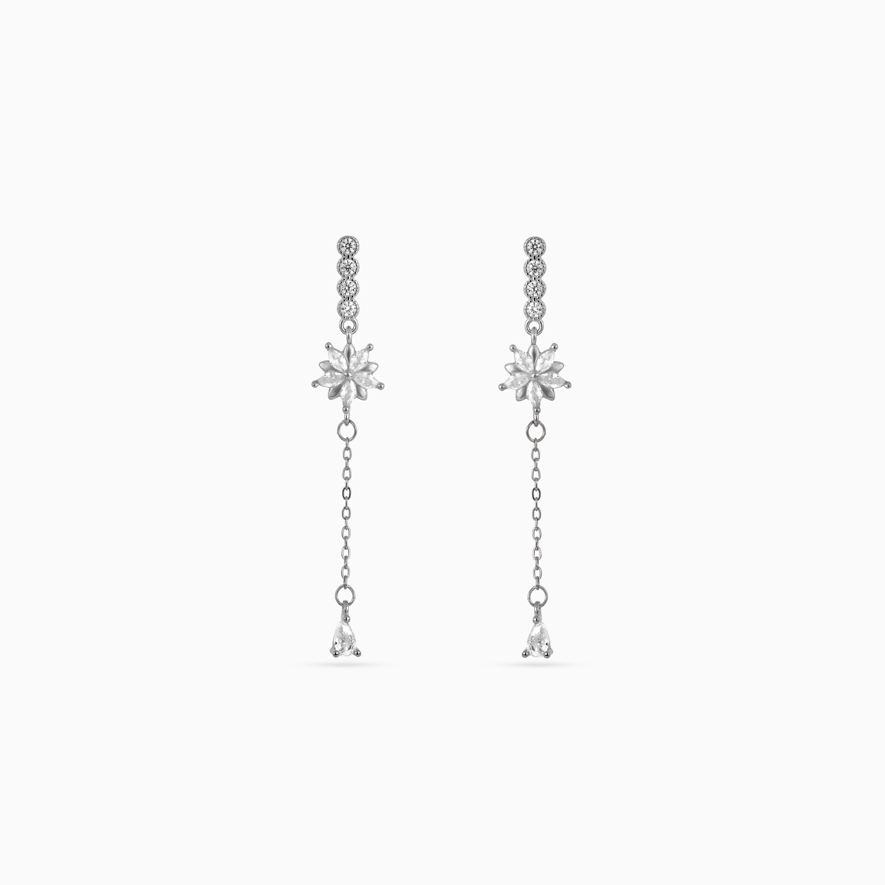 925 silver starburst chain drop earrings, pavé bar, pear CZ, 5 × 1 cm