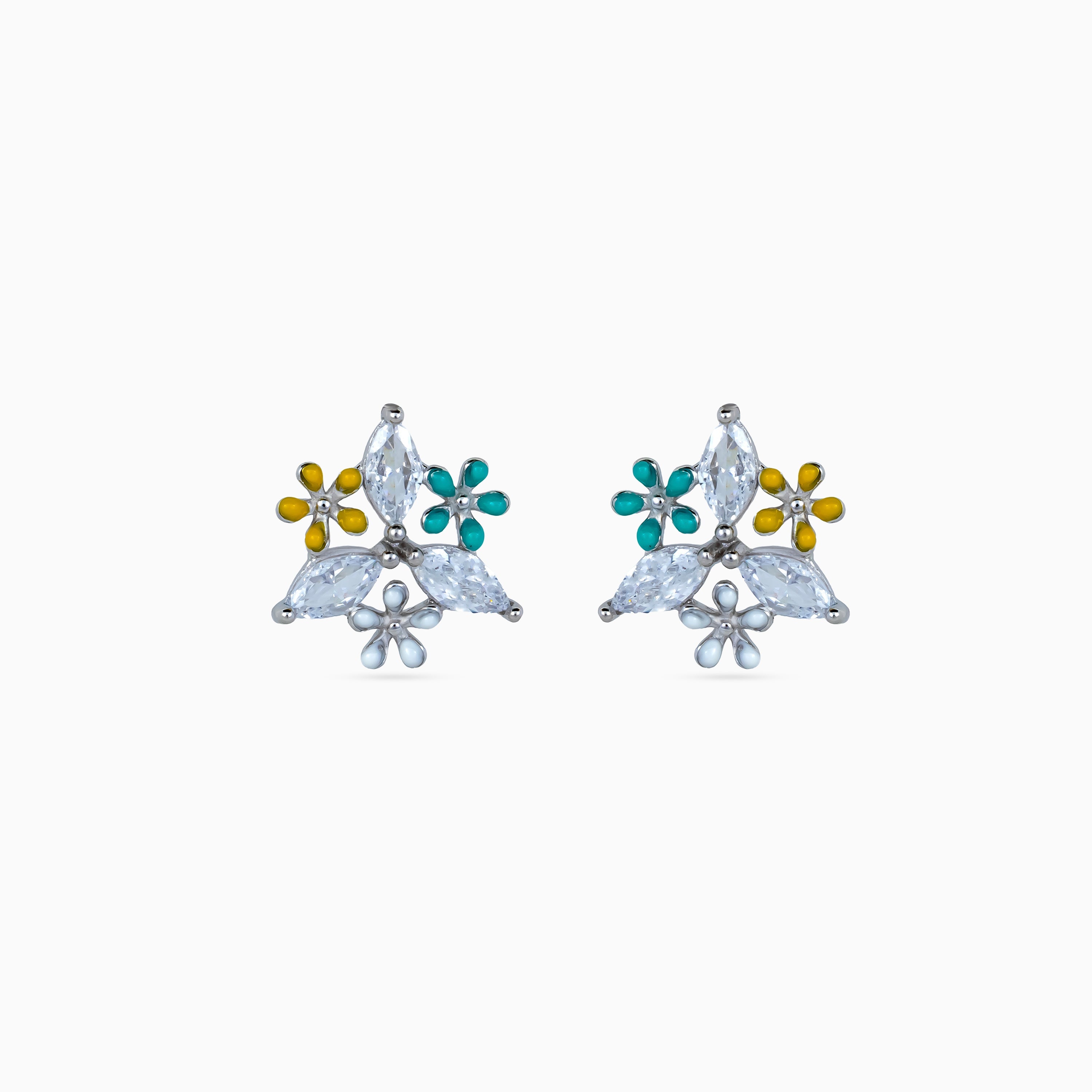 925 silver floral studs, rhodium, marquise CZ, teal yellow blue enamel, 1.2 cm