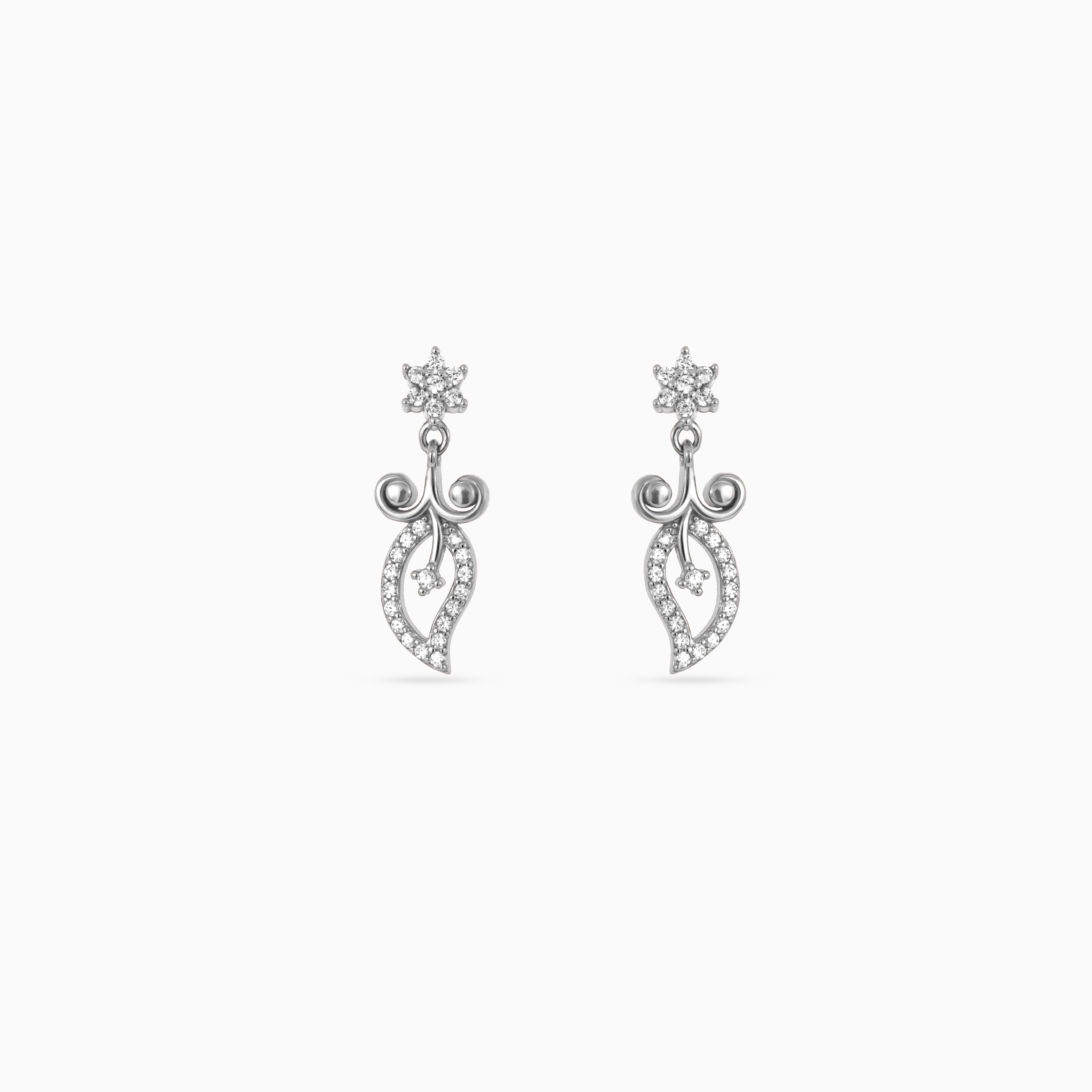 925 silver floral leaf drop earrings, pavé CZ, 2 × 1 cm