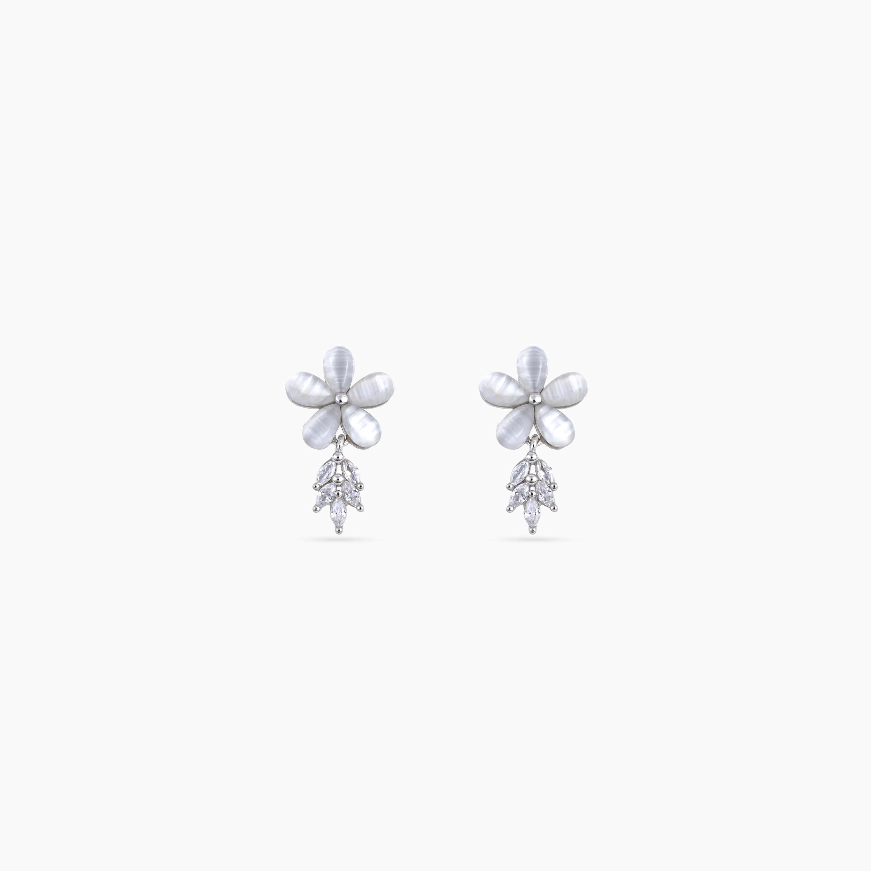 925 silver ivory flower drop studs, rhodium, marquise CZ leaves, 1.8 × 1 cm