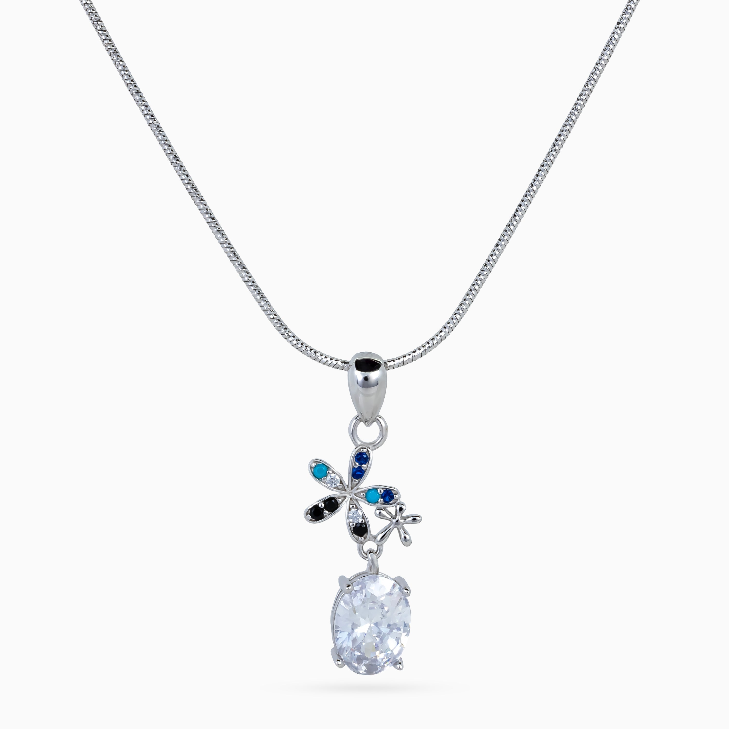 925 sterling silver, rhodium, Azure Bloom Drop Necklace, (Secret Garden), 2x0.5 cm, 45 cm chain