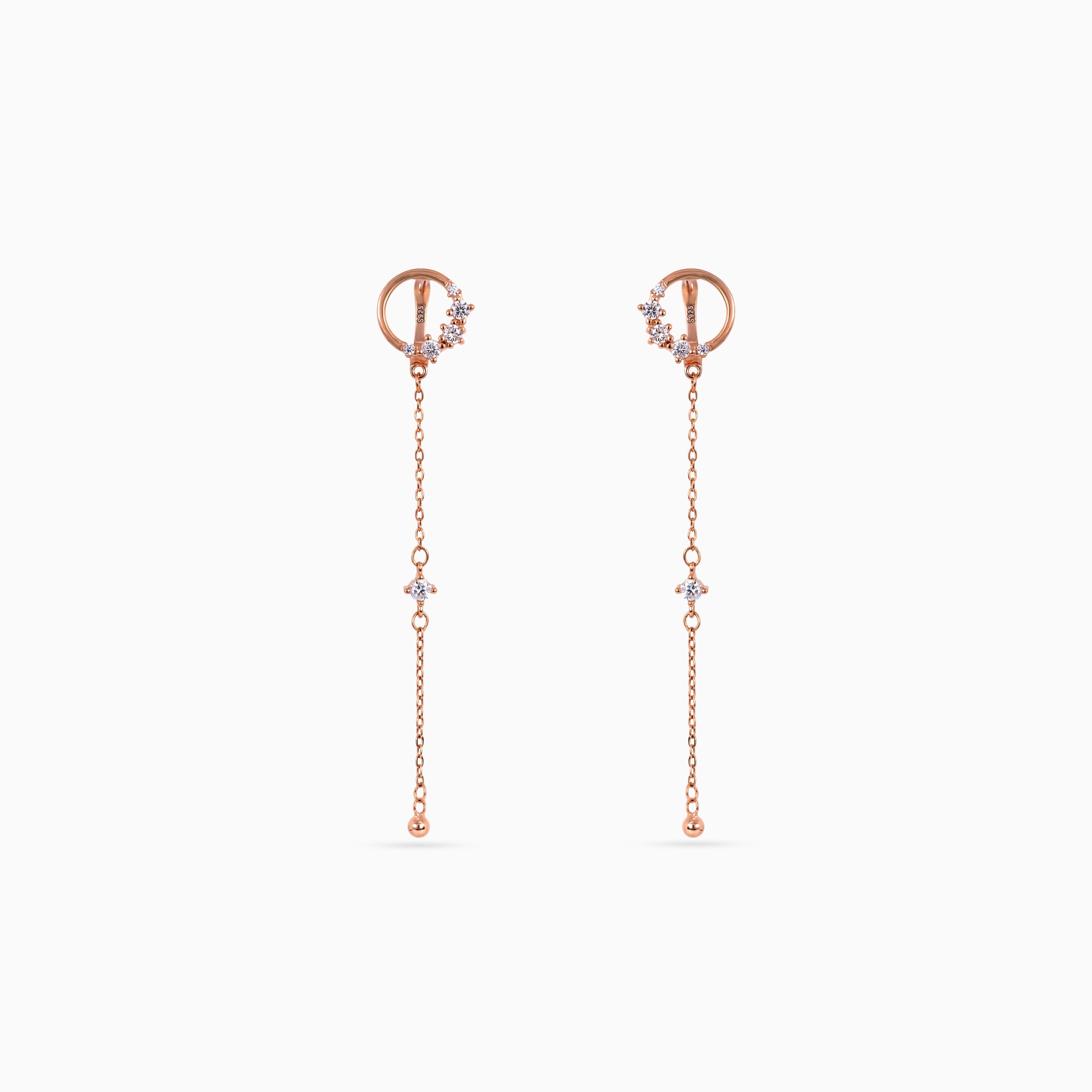 925 rose gold long chain earrings, huggie, CZ stations, 7.2 × 1.3 cm