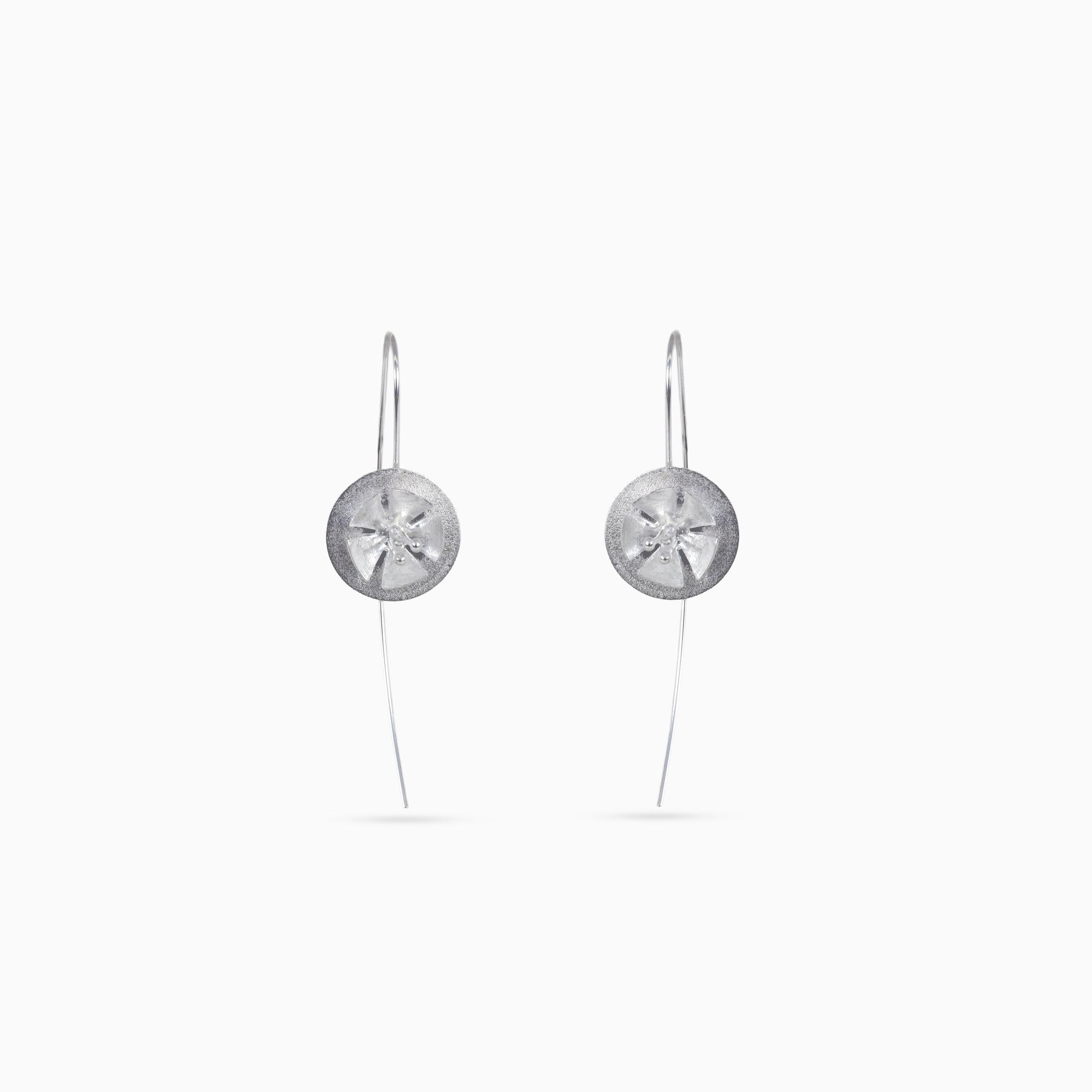925 silver starburst hook drop earrings, satin disc, CZ accents, 5 × 1 cm