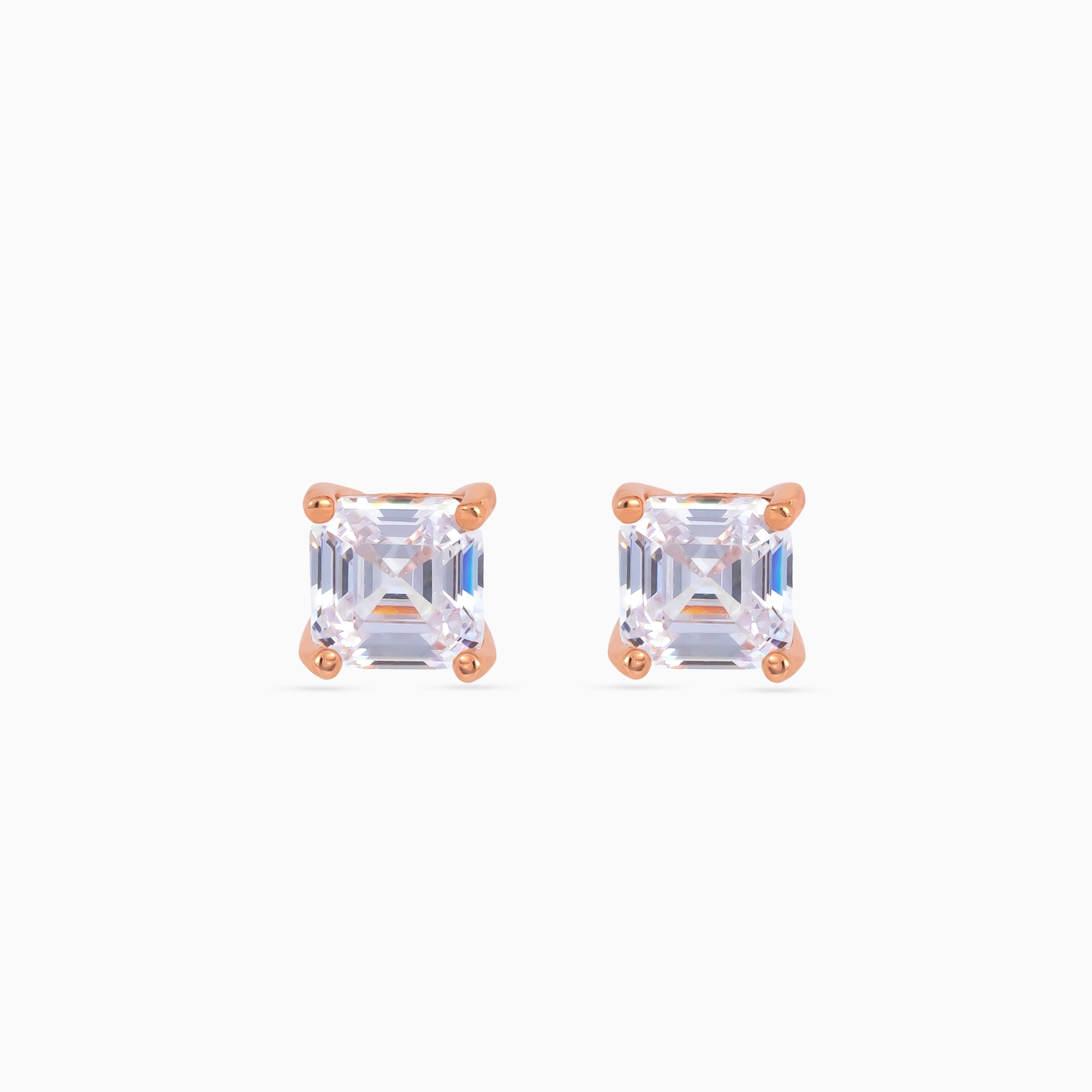 925 silver asscher cut solitaire studs, rose gold plated, clear cubic zirconia, 0.5 cm, Studs